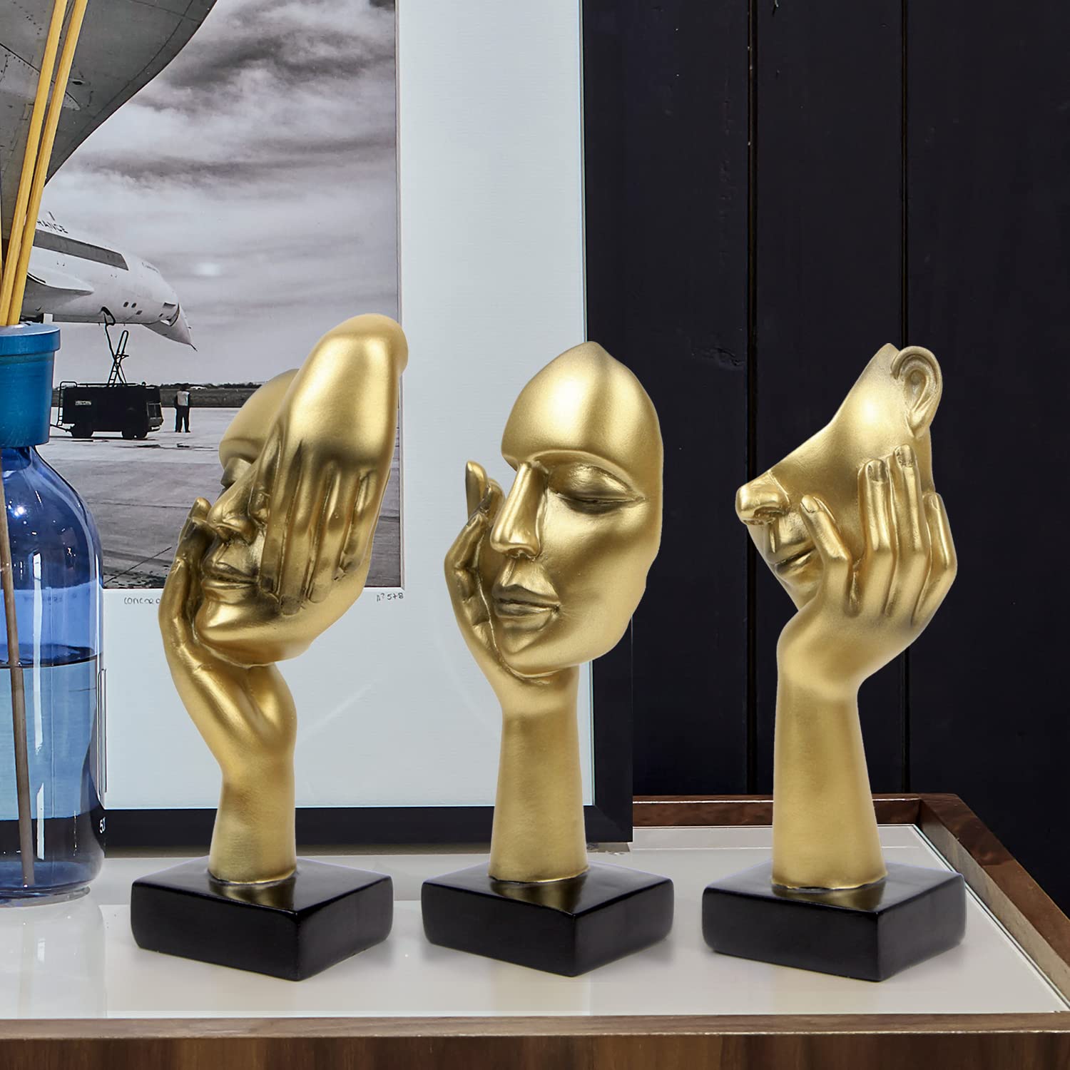3 Pcs Thinker Statue - Modern Resin Sculptures for Home & Office Decor, Collectible Figurines for Bookshelf & Desktop, Golden Finish - Perfect for Study Rooms, Living Rooms & Gifts