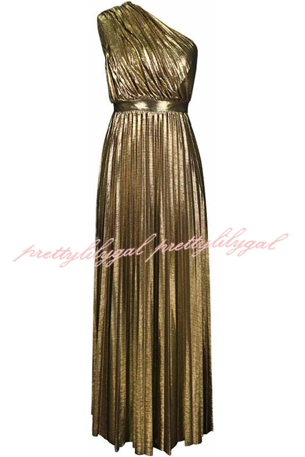 Be My Guest Metallic Fabric Pleated One Shoulder Maxi Dress - Elegant Evening Gown for Parties, Weddings & Special Occasions