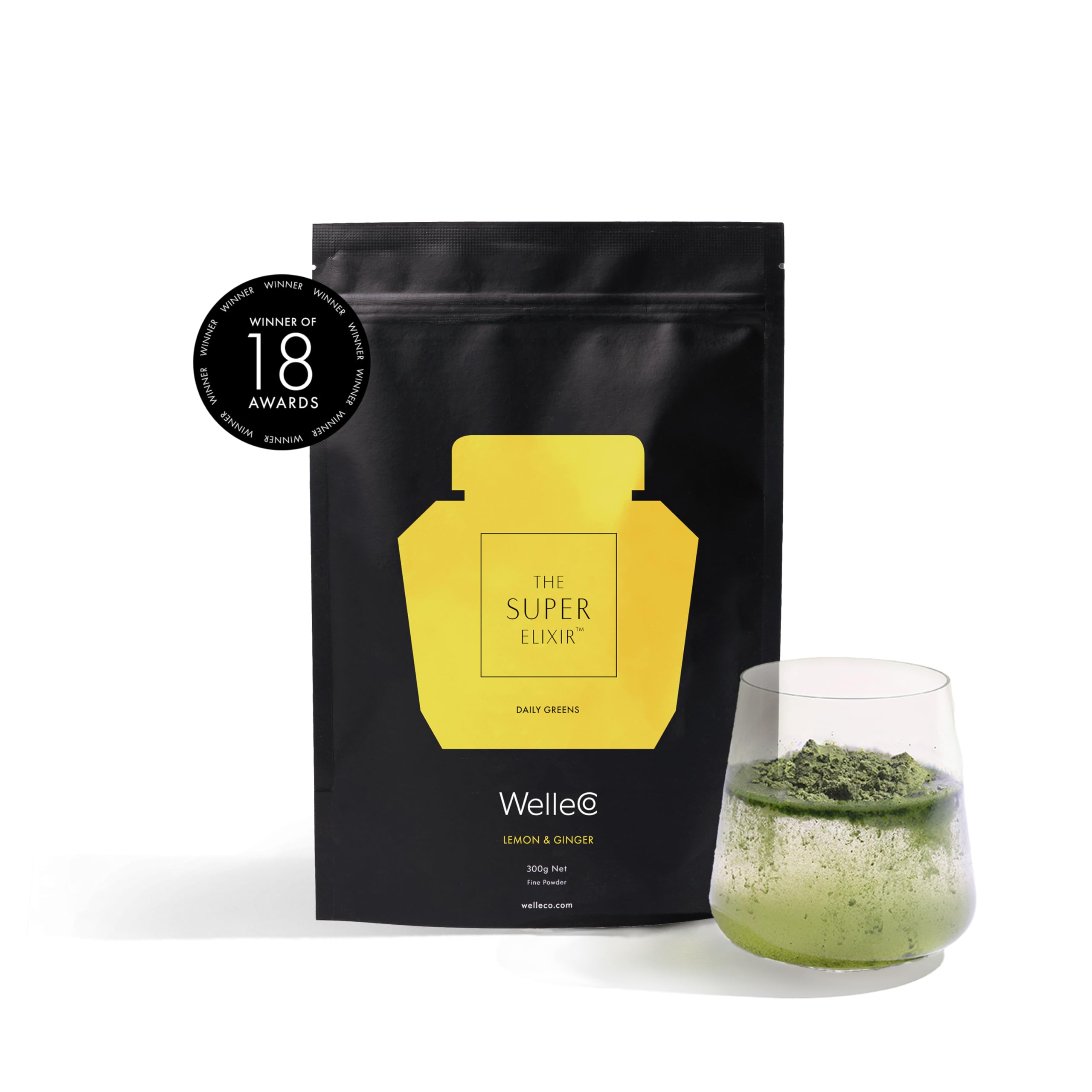 WelleCo The Super Elixir Daily Greens Powder - Probiotic Superfood Supplement with Whole Foods for Gut Health, Energy Boost & Immunity Support | Gluten Free, Vegan Friendly for Healthy Skin, Hair & Nails | 300g Lemon Ginger Flavor | Perfect for Morning Smoothies, Post-Workout Recovery & Daily Wellness Routine