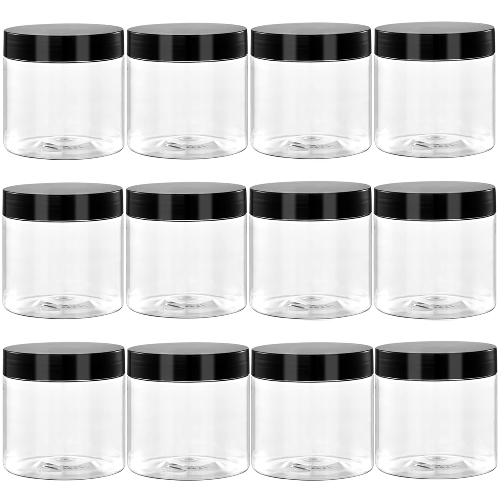 TUZAZO 2 Oz Small Plastic Jars with Lids - BPA Free Clear Round Cosmetic Containers for Lotion, Cream, Ointment, Makeup, Travel - 12 Pack Empty Slime Storage Jars with Labels - Perfect for DIY Beauty, Sample Kits & Organizing Small Items