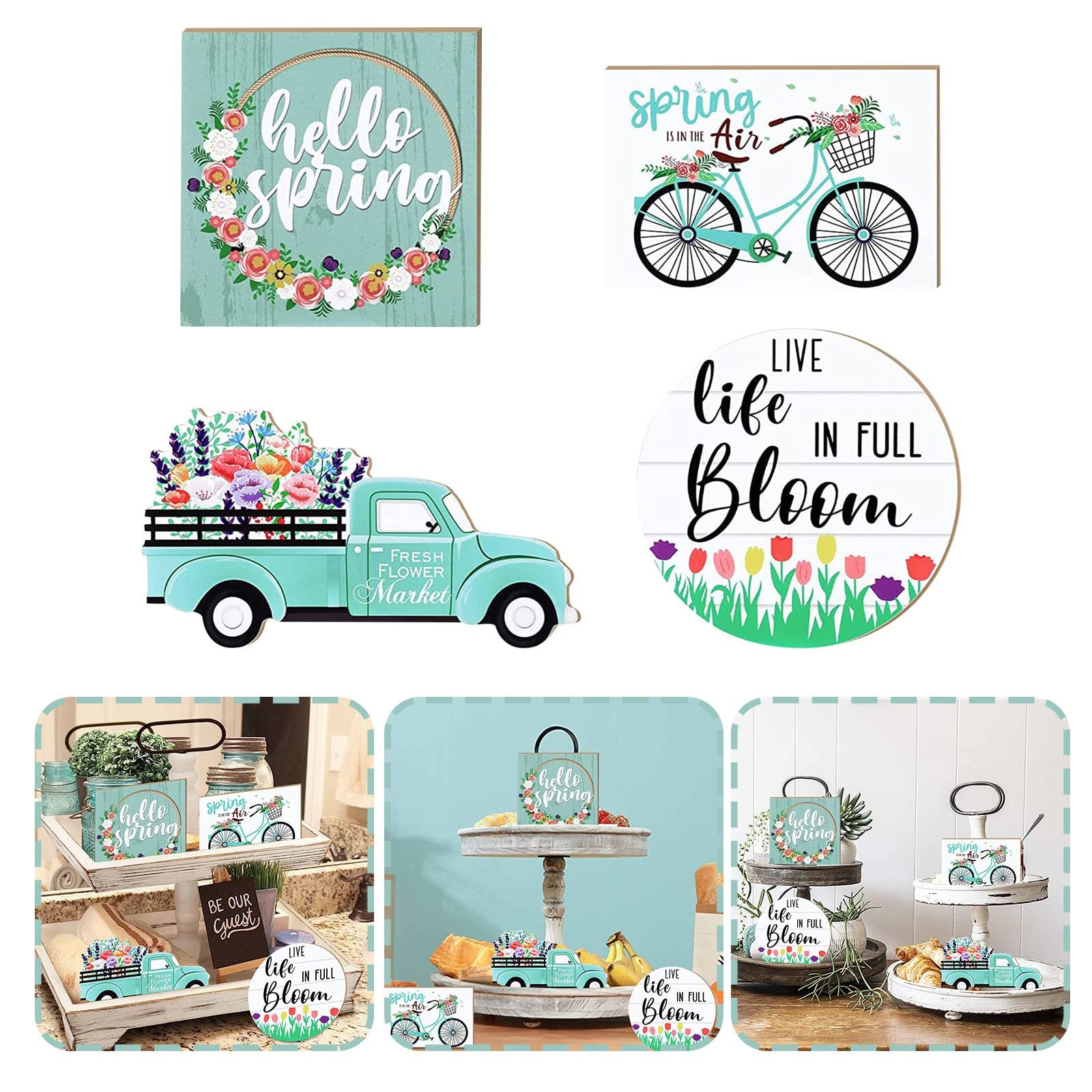 Spring Tiered Tray Decor - Mini Wooden Kitchen Decorations for Easter, Fresh Flower Market & Home Decor | 3D Signs for Tiered Trays | Perfect for Farmhouse, Coffee Bars & Seasonal Displays