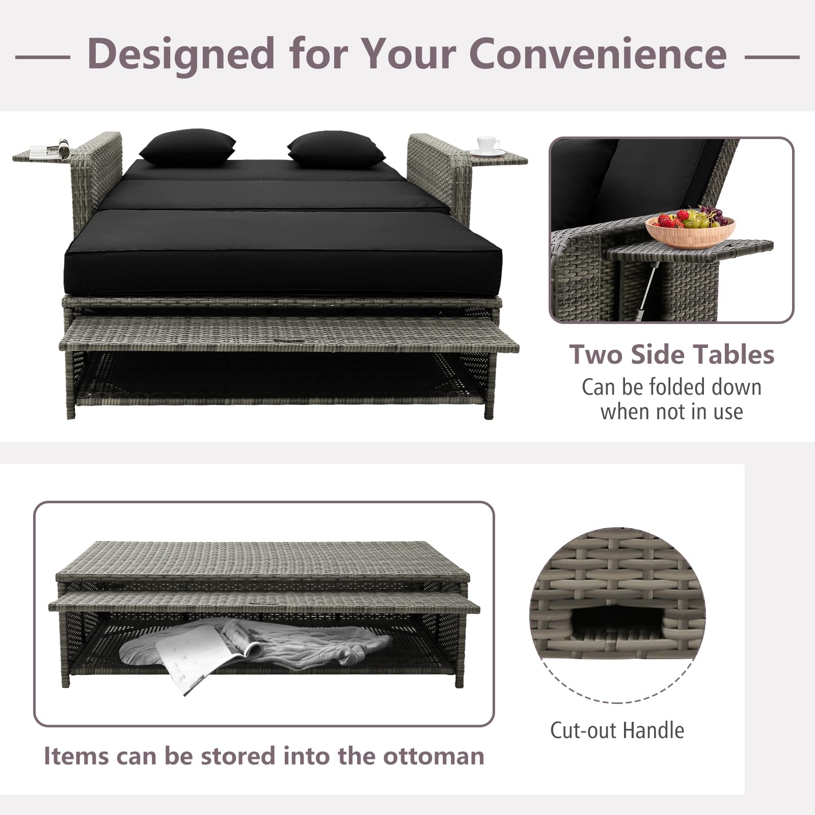 Tangkula Outdoor Patio Rattan Daybed Set with Adjustable Backrest - Wicker Loveseat Sofa, Ottoman & Side Tray - Includes Storage Footstool & Cushions - Perfect for Backyard, Garden, Poolside Relaxation