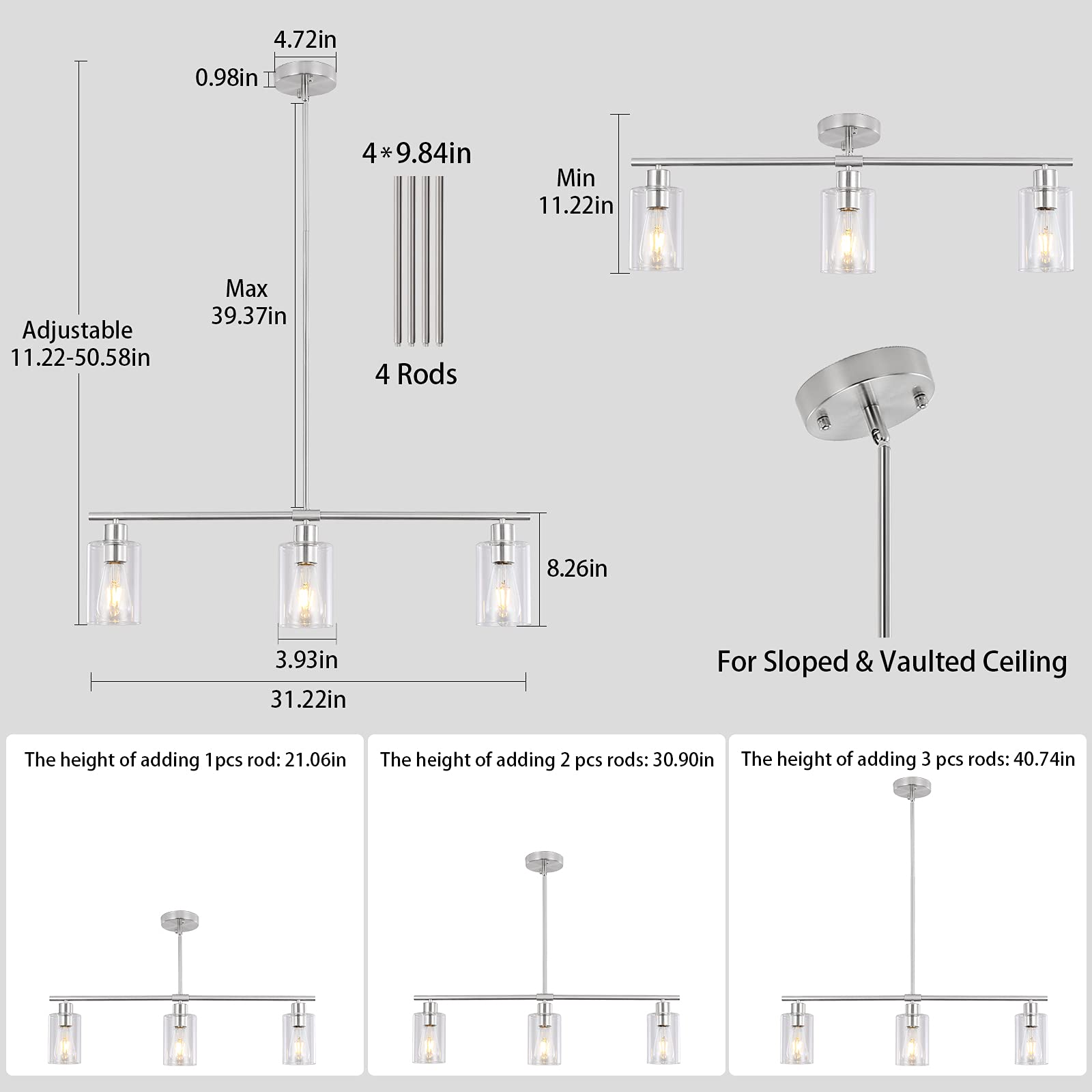 Modern 3-Light Brushed Nickel Pendant Lighting Fixture with Glass Shade - 31