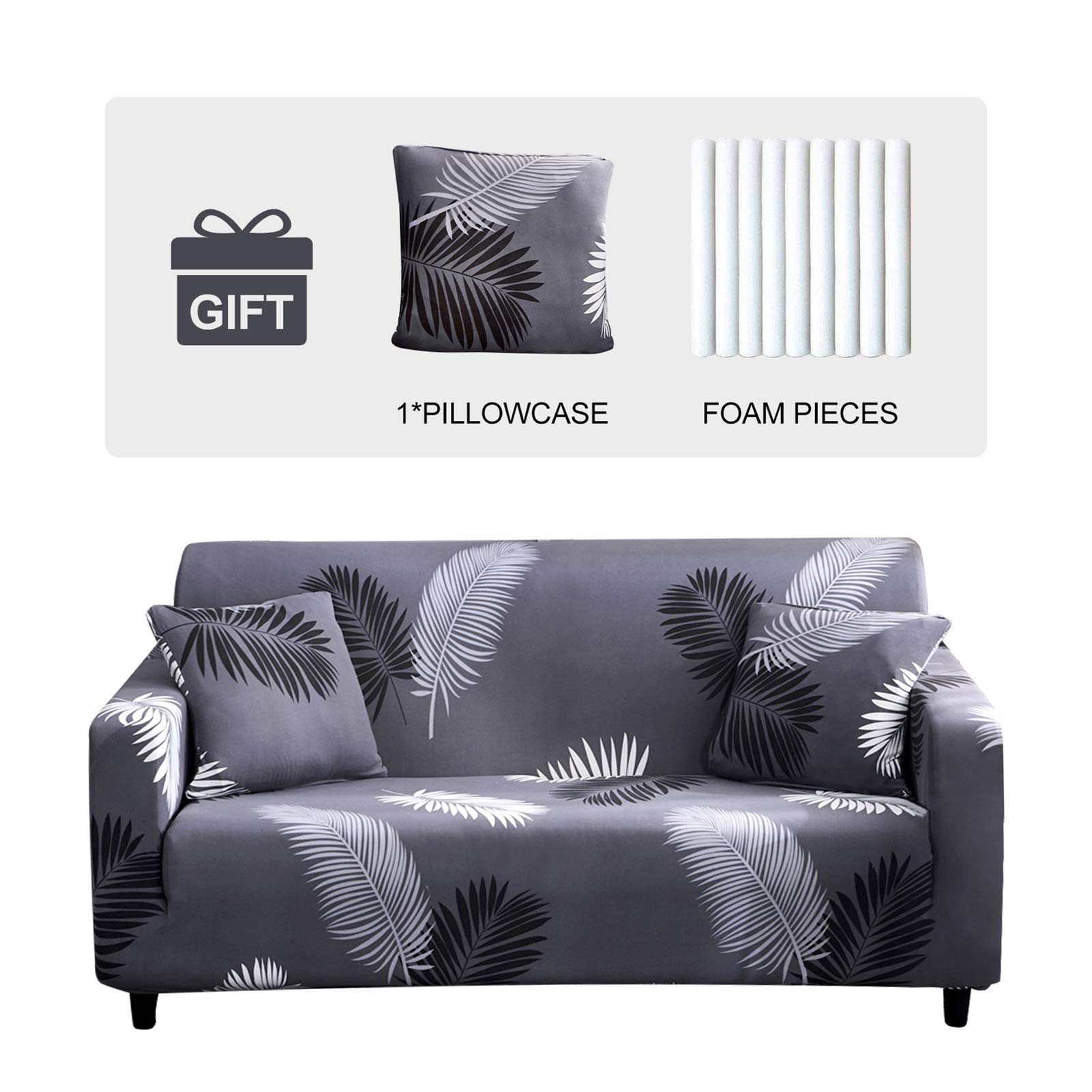 JOYDREAM Stretch Sofa Cover for 4 Cushion Couch - Oversized Elastic Slipcover with Printed Design & 1 Pillowcase (X-Large, Feather) - Perfect for Living Room Furniture Protection & Home Decor