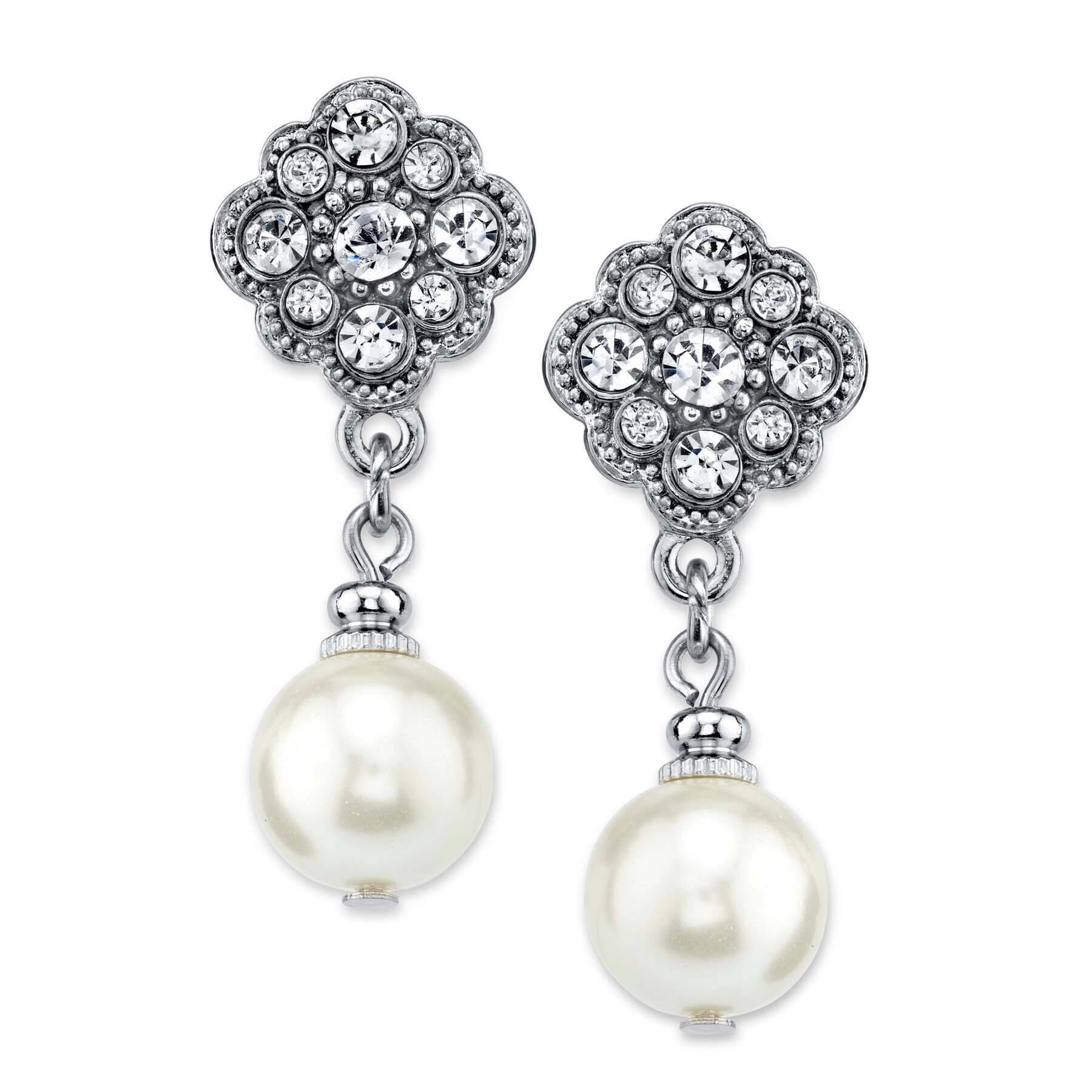 1928 Bridal Faux Pearl and Crystal Drop Earrings - Vintage Style Wedding Jewelry for Brides, Bridesmaids, and Formal Occasions