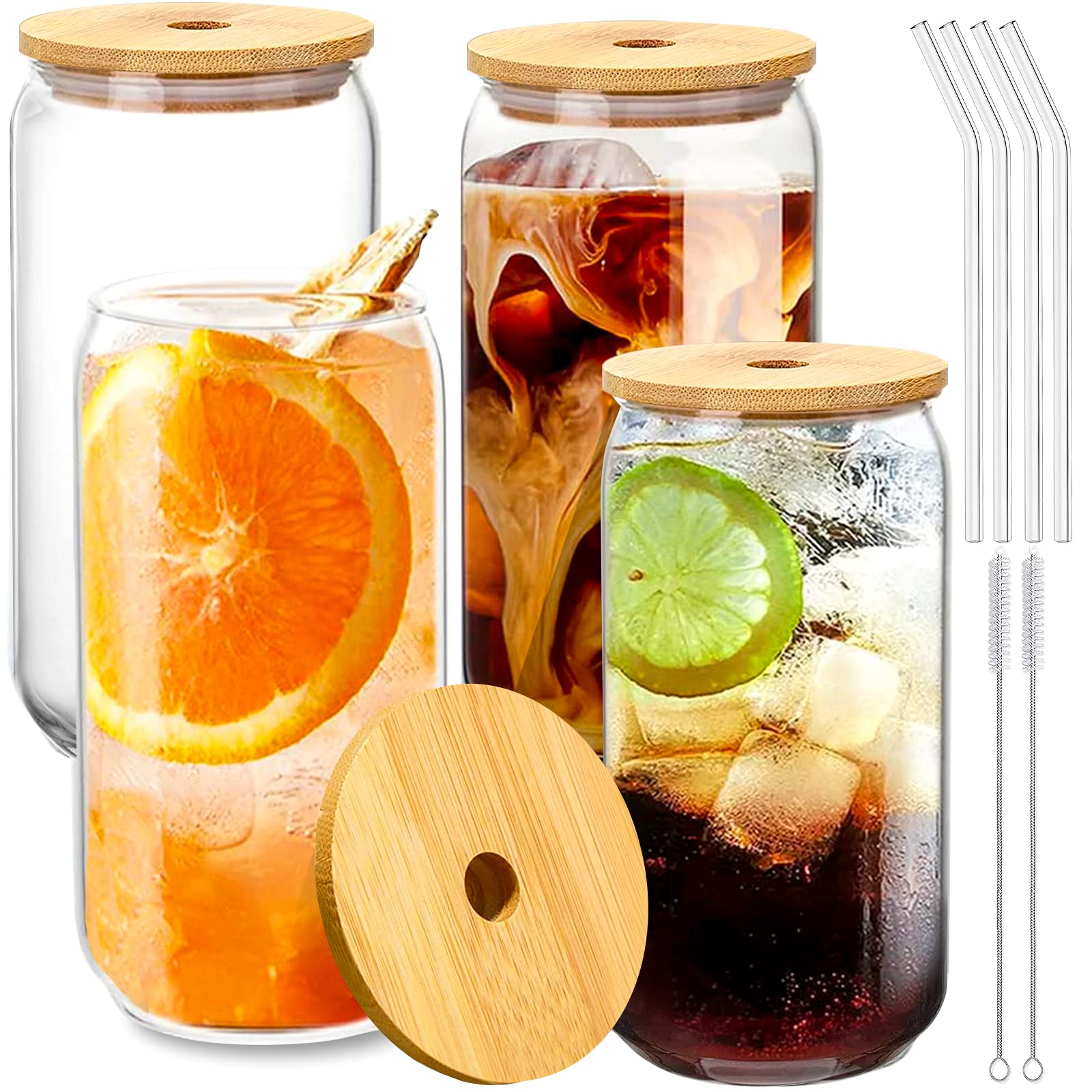 4 Pack 16oz Can Shaped Glass Drinking Jars with Bamboo Lids & Glass Straws - Reusable Tumbler Cups for Beer, Iced Coffee, Juicing, Cocktails & Whiskey - Includes 2 Cleaning Brushes - Perfect for Home, Office, Parties & Outdoor Use