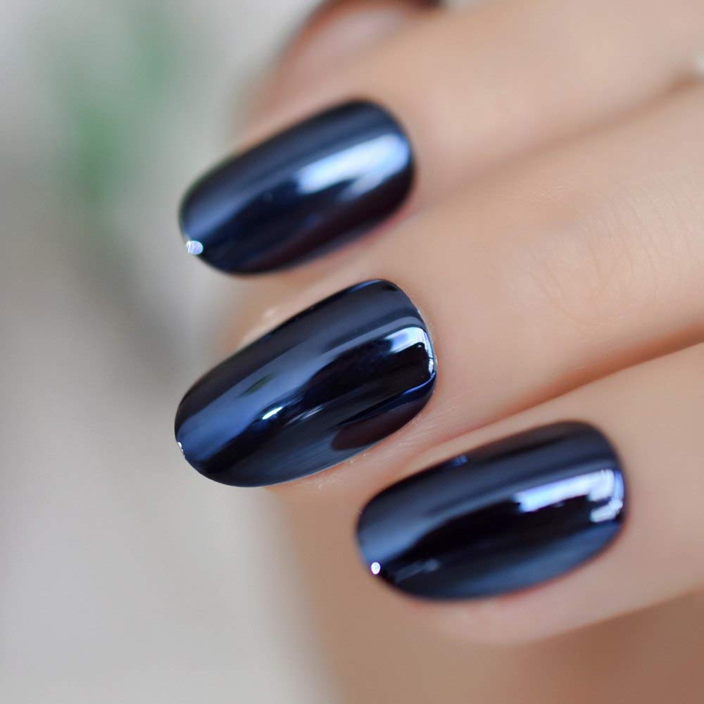 Coolnail Metallic Mirror Bright Blue Gray False Nails - Oval & Round Fake Nails for Manicure | Full Cover Nail Art Tips | Perfect for Parties, Weddings & Special Occasions