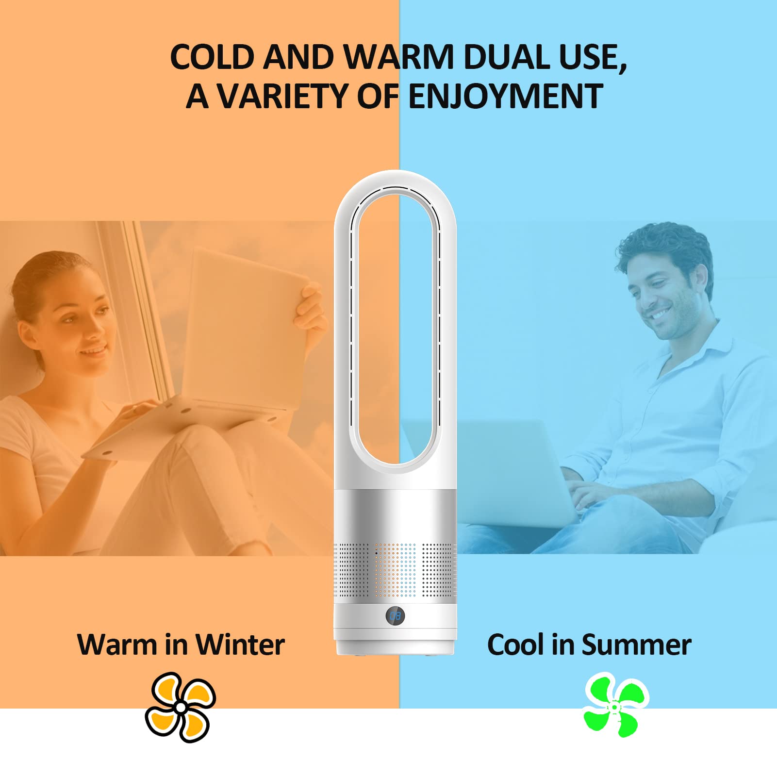 Bladeless Tower Fan and Space Heater Combo - 1400W Heater & 40W Cooler with Remote Control, 80° Oscillation, 8 Speed Settings, 3 Heating Modes, 9H Timer, LED Display - Quiet & Safe for Bedroom, Office, Kitchen | Perfect for Year-Round Comfort in Home & Workspaces