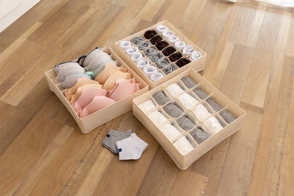 ALYER Collapsible Fabric Drawer Organizer - 24 Cell Storage Box for Underwear, Socks, Bras & Accessories | Foldable Closet Organizer Bins for Dresser, Bedroom & Bathroom | Space Saving Beige Storage Solution