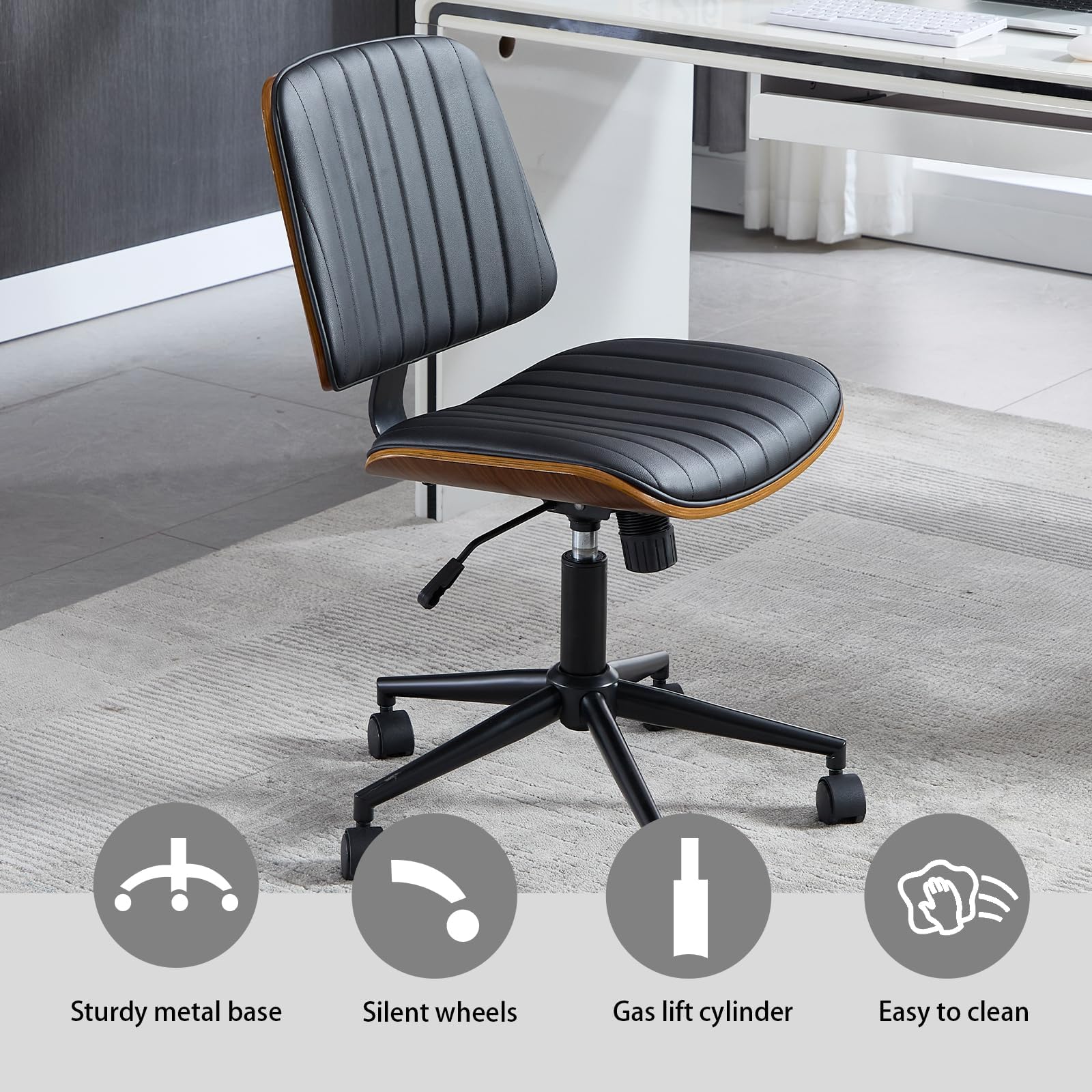 Ergonomic Small Home Office Chair - Armless Mid Back Desk Chair with 360° Swivel Wheels, PU Leather Upholstery & Height Adjustment - Modern Walnut Computer Chair for Home Office, Study Room or Conference Room - Black - Perfect for Remote Work, Online Meetings & Long Working Hours