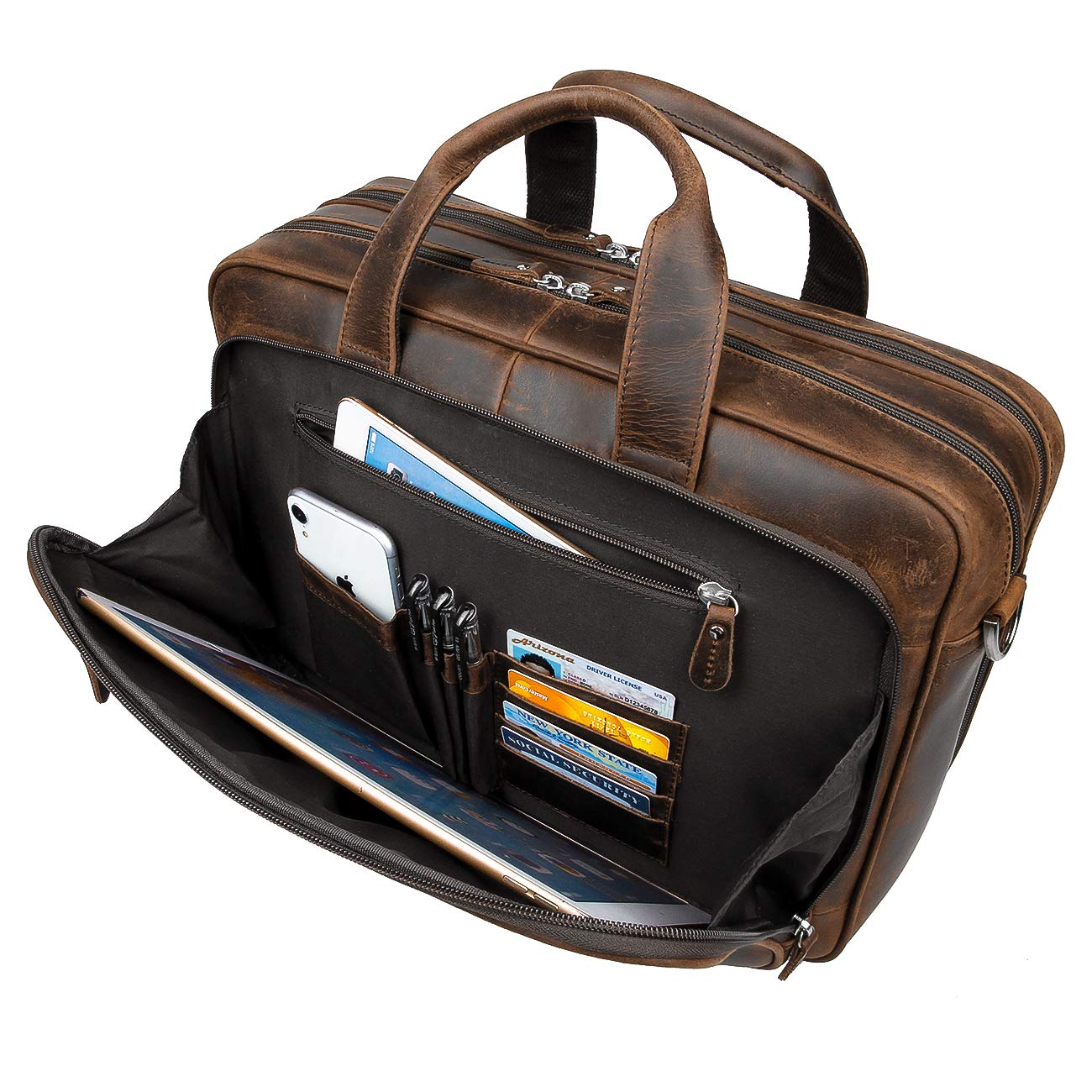 Augus Genuine Leather Business Travel Briefcase for Men - 15.6 Inch Laptop Bag with YKK Metal Zippers - Dark Brown Duffle Bag for Office, Commuting & Business Trips