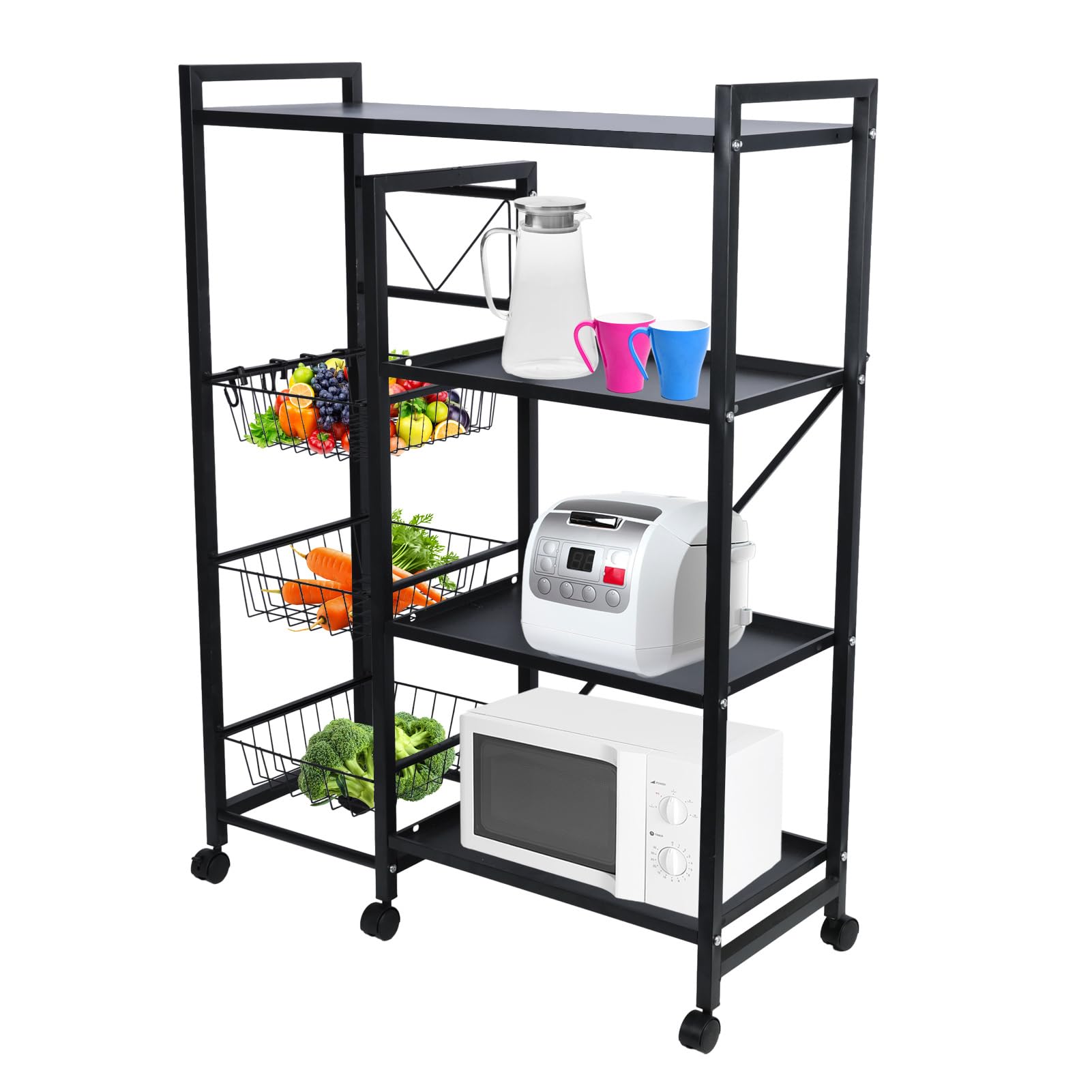 4-Tier Kitchen Bakers Rack with Wheels & S-Hooks - Rolling Coffee Bar Table, Microwave Stand with Wire Basket Storage - Ideal for Spices, Pots & Pans Organization - Perfect for Small Kitchens, Pantries & Coffee Stations (Black)