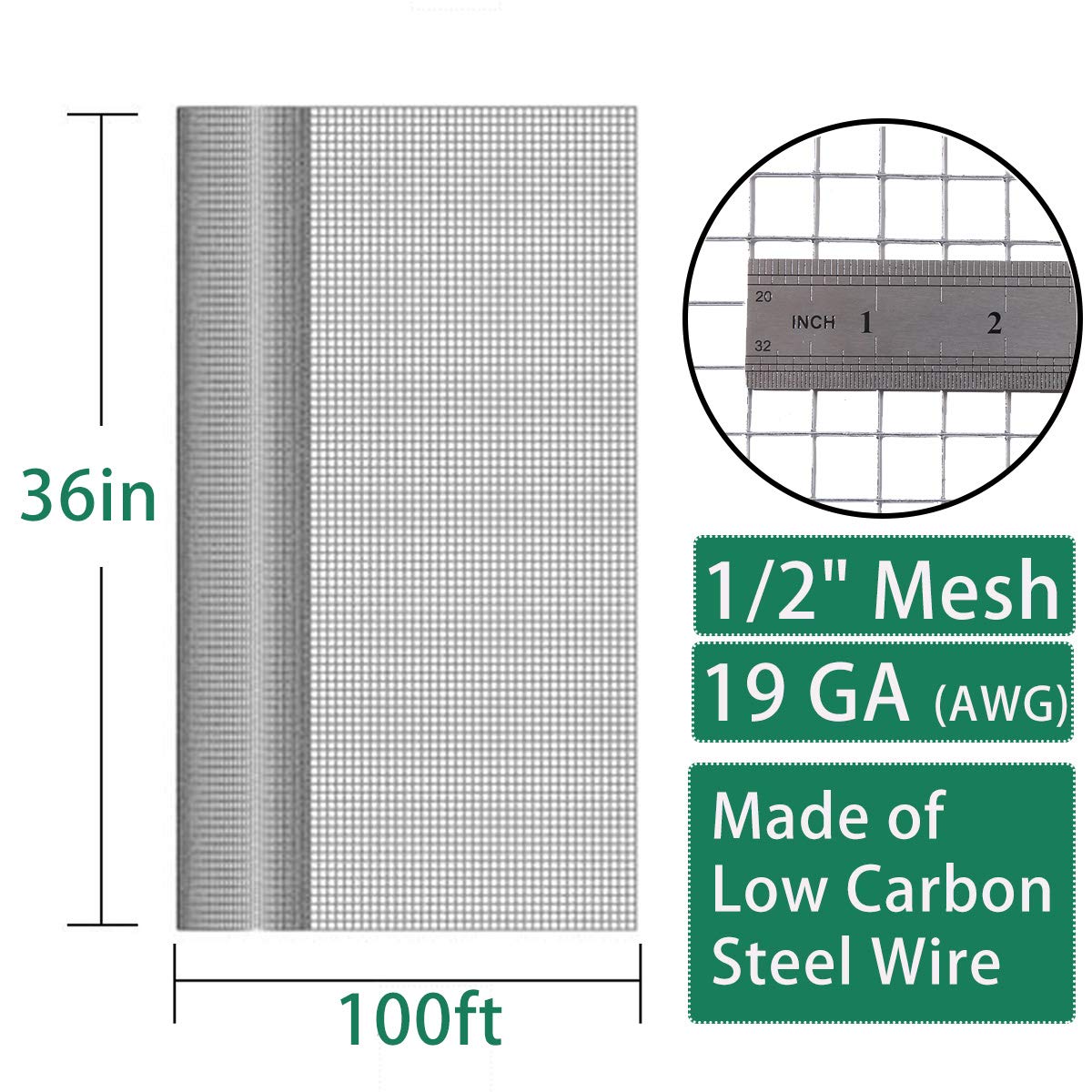 SEBOSS 1/2 Inch 19 Gauge Hot Dip Galvanized Welded Wire Mesh Roll - 36