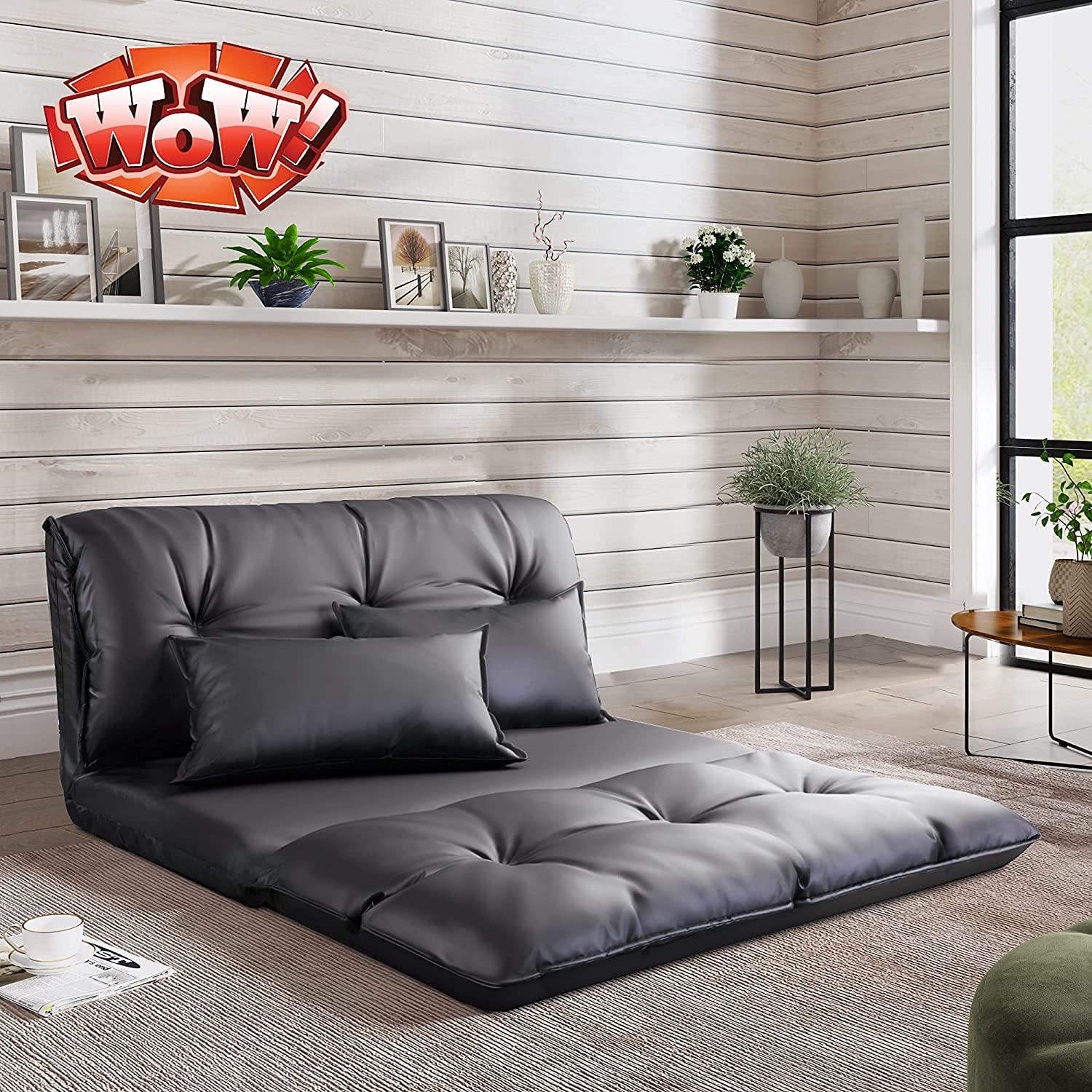 TOEIGEYNR Adjustable Double Chaise Lounge Sofa Bed - 5-Level Reclining Folding Couch for Living Room, Bedroom, Dorm & Balcony - PU Leather Black Gaming/Lazy Chair - Perfect for Relaxing, Napping & Entertaining Guests