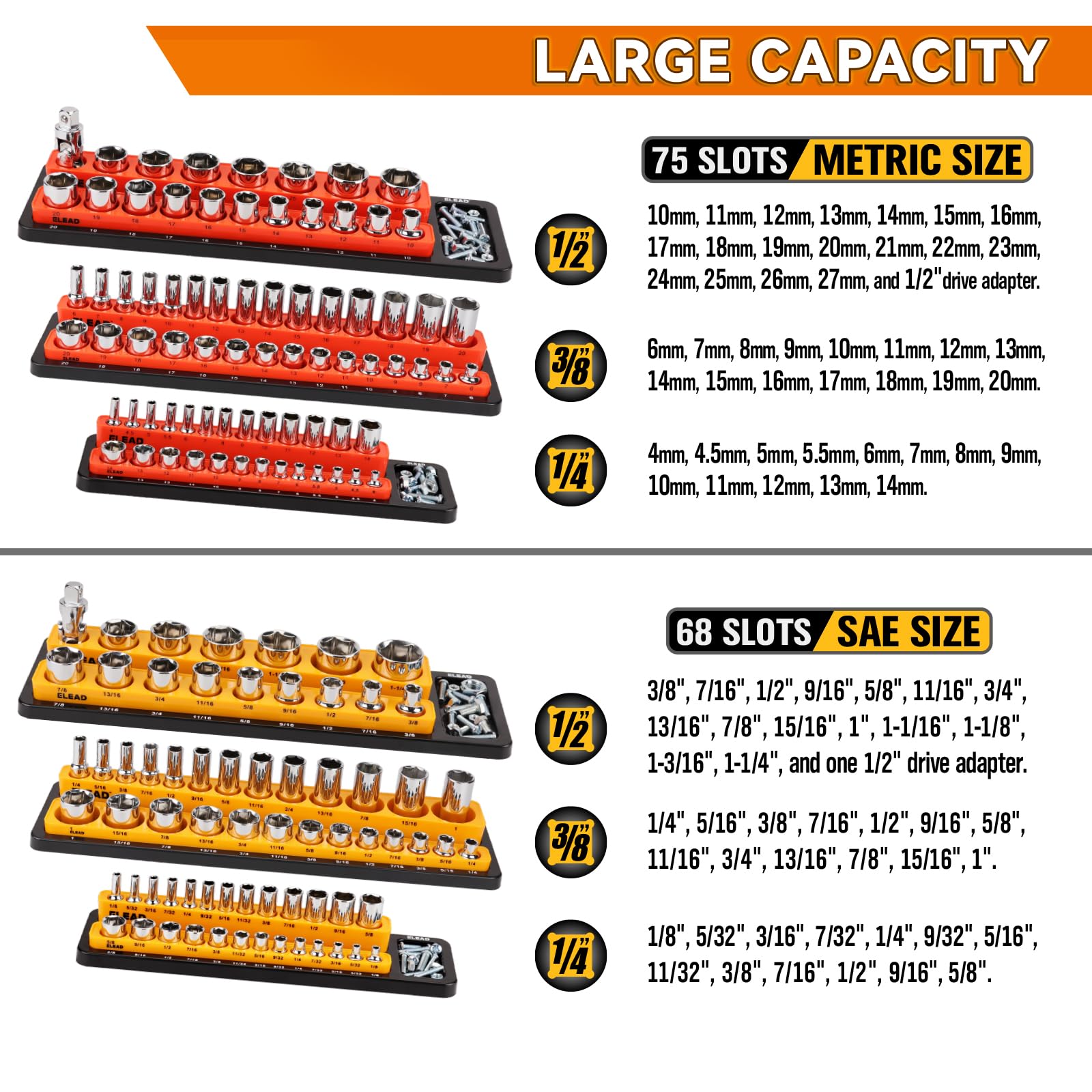 Magnetic Socket Organizer Set - Heavy Duty 1/2, 1/4, 3/8 Inch Drive Tool Holder | Tool Box Storage Tray for Wrench, Screwdriver & Mechanic Tools | Portable Toolbox Accessory for Garage, Workshop & Auto Repair