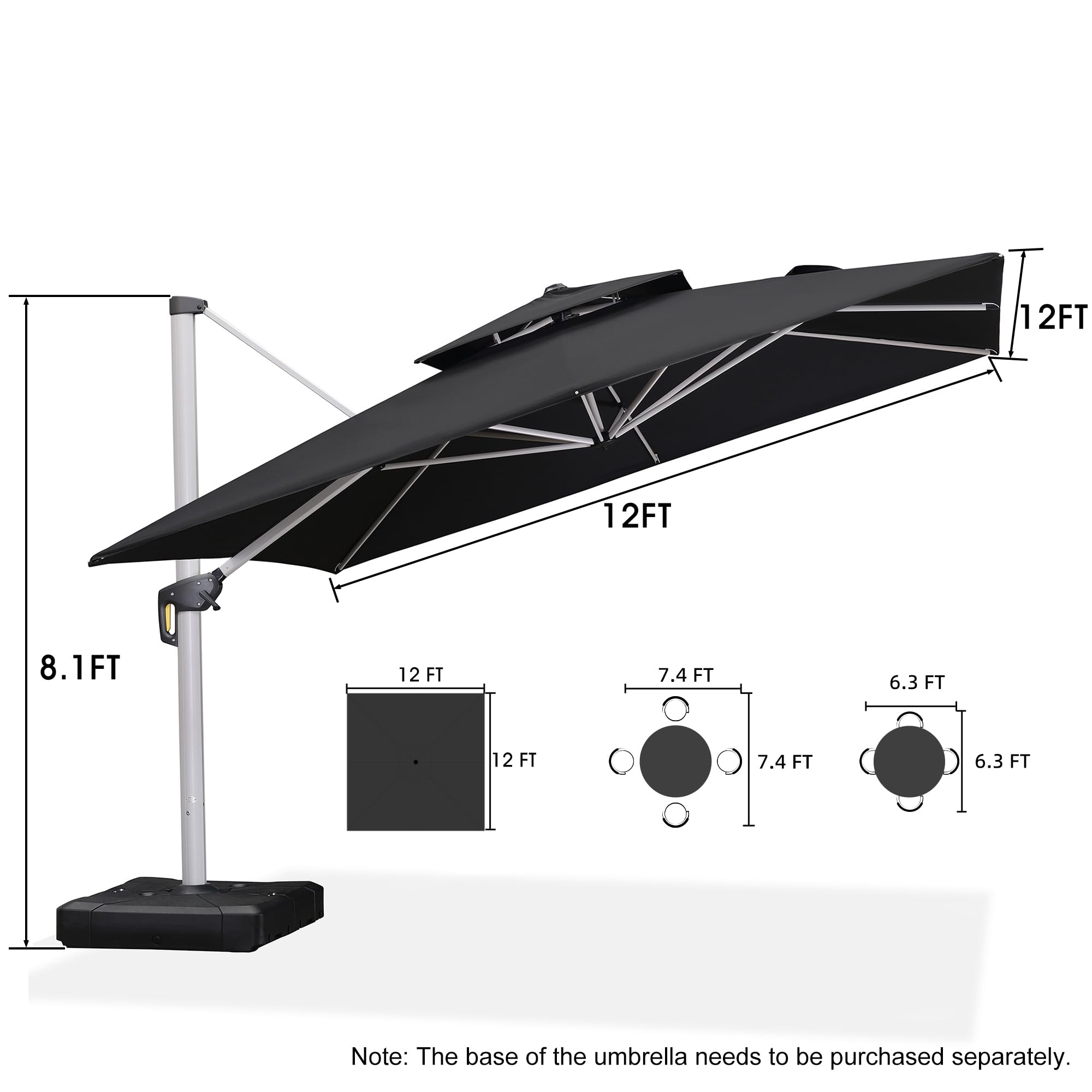 PURPLE LEAF 12ft Double Top Deluxe Square Patio Umbrella - Offset Hanging Cantilever Outdoor Market Umbrella for Garden, Backyard, Poolside (Black) | Durable Sun Shade for Patio Furniture & Outdoor Dining