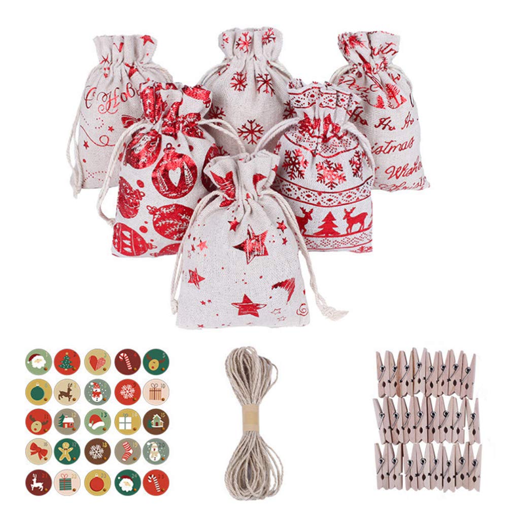 24 Days Christmas Advent Calendar Bags - Burlap Drawstring Treat Bags with Wood Clips & Jute Rope for Candy, Gifts & Countdown Decor - Perfect for Holiday Parties, Classroom Rewards & Festive Home Decor