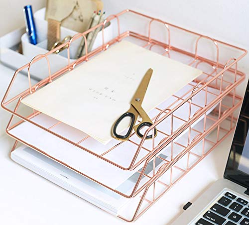 Jolitac 4-Tier Stackable Metal Paper Tray Desk Organizer - Rose Gold File Document Holder for Office & Home Workspace - Perfect for Organizing Mail, Bills, and Office Supplies (Decorative Stacking Rack)
