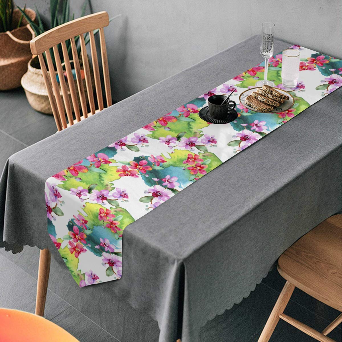 Hand Painted Orchid Table Runner - 70 Inch Long Farmhouse Dining & Coffee Table Decor for Wedding, Kitchen, Home | Elegant Table Setting for Parties & Special Occasions