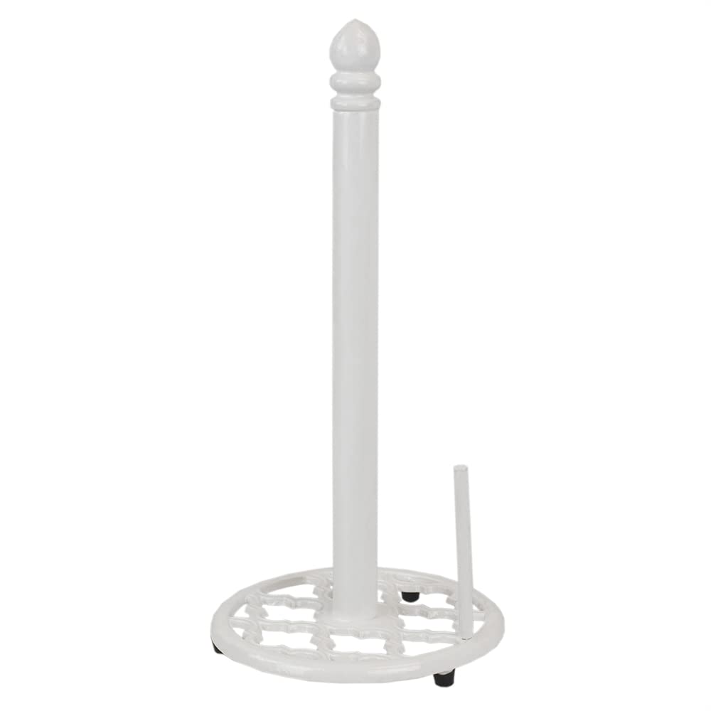 Lattice Design Cast Iron Paper Towel Holder - White Countertop Kitchen Organizer with Tear-Arm & Non-Skid Feet | Perfect for Kitchen Counter, Office Desk, Bathroom & RV | Home Basics