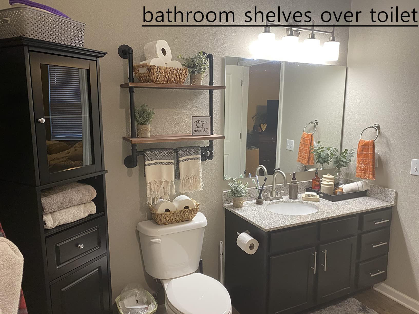 ROGMARS 19.7 Inch Rustic Wood Floating Shelves with Towel Bar - Industrial Pipe Wall Shelf for Bathroom, Farmhouse Decor - Space Saving Over Toilet Storage for Towels, Plants & Decor Items