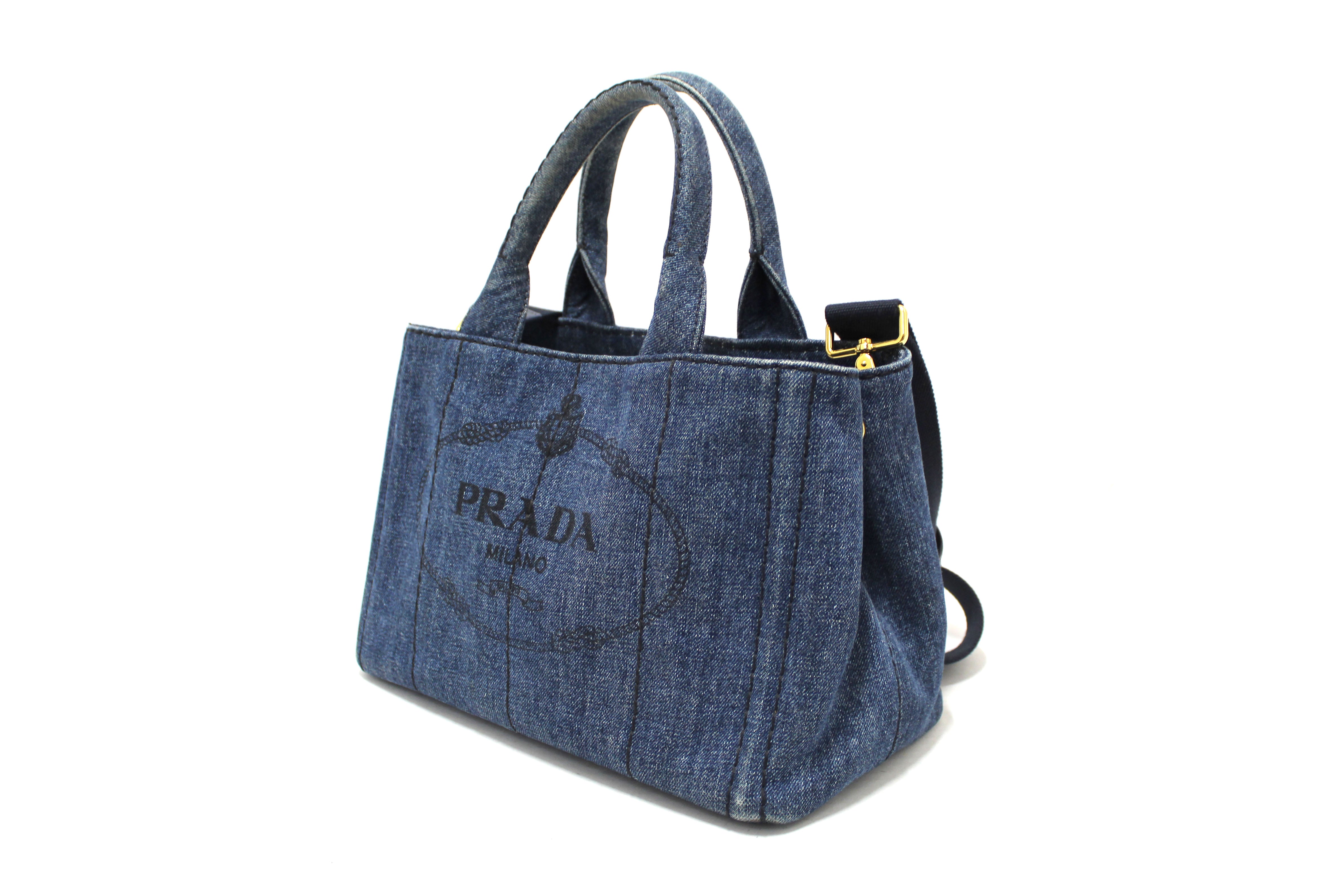 Authentic Prada Blue Denim Small Canapa Canvas Tote Bag with Long Strap - Luxury Designer Handbag for Women, Perfect for Work, Travel & Everyday Use