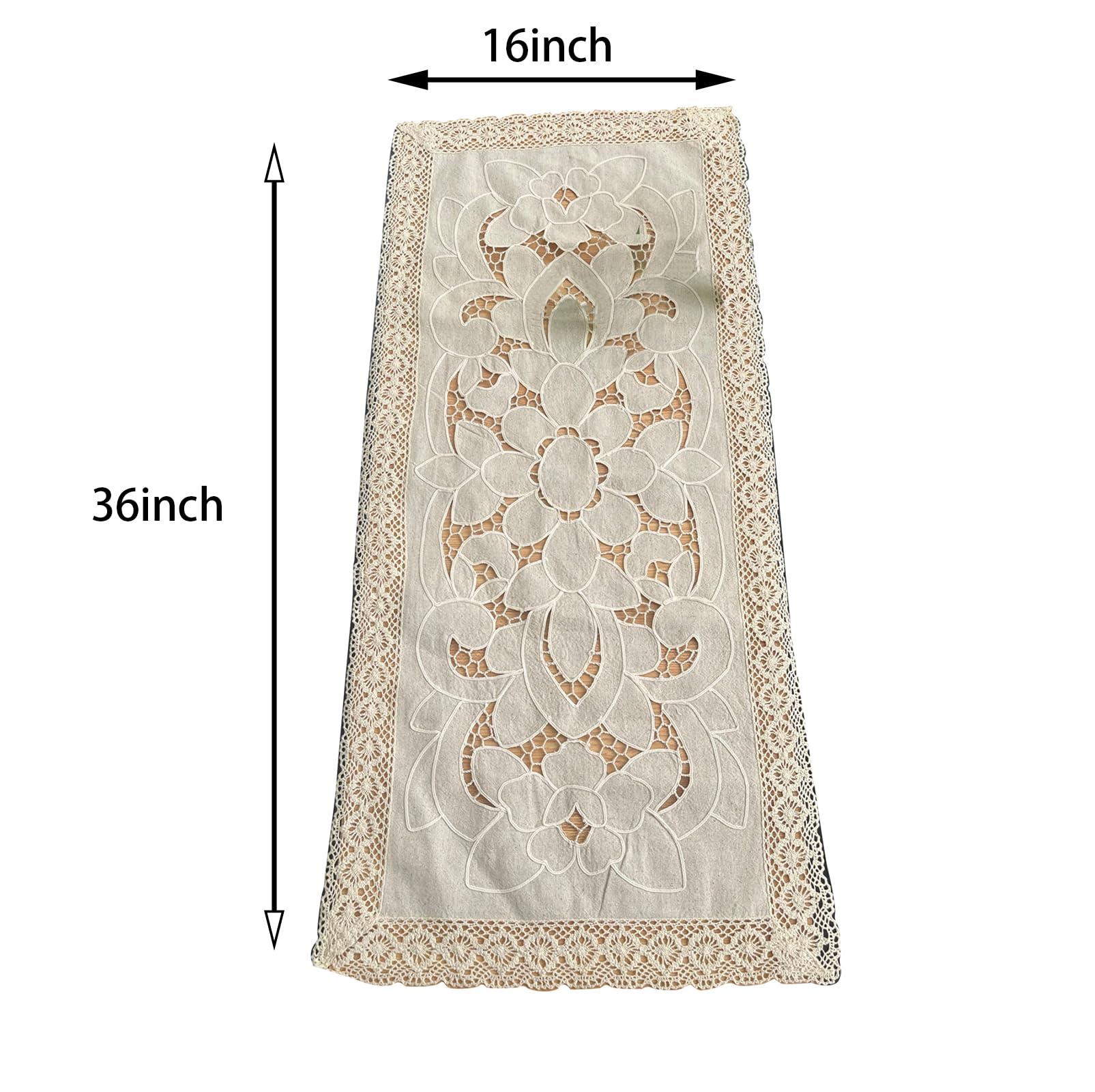 Handmade Cotton Crochet Lace Table Runner - 16x36 Inch Beige Peony Design for Coffee Tables, Dining Tables, Wedding Decor & Home Decor