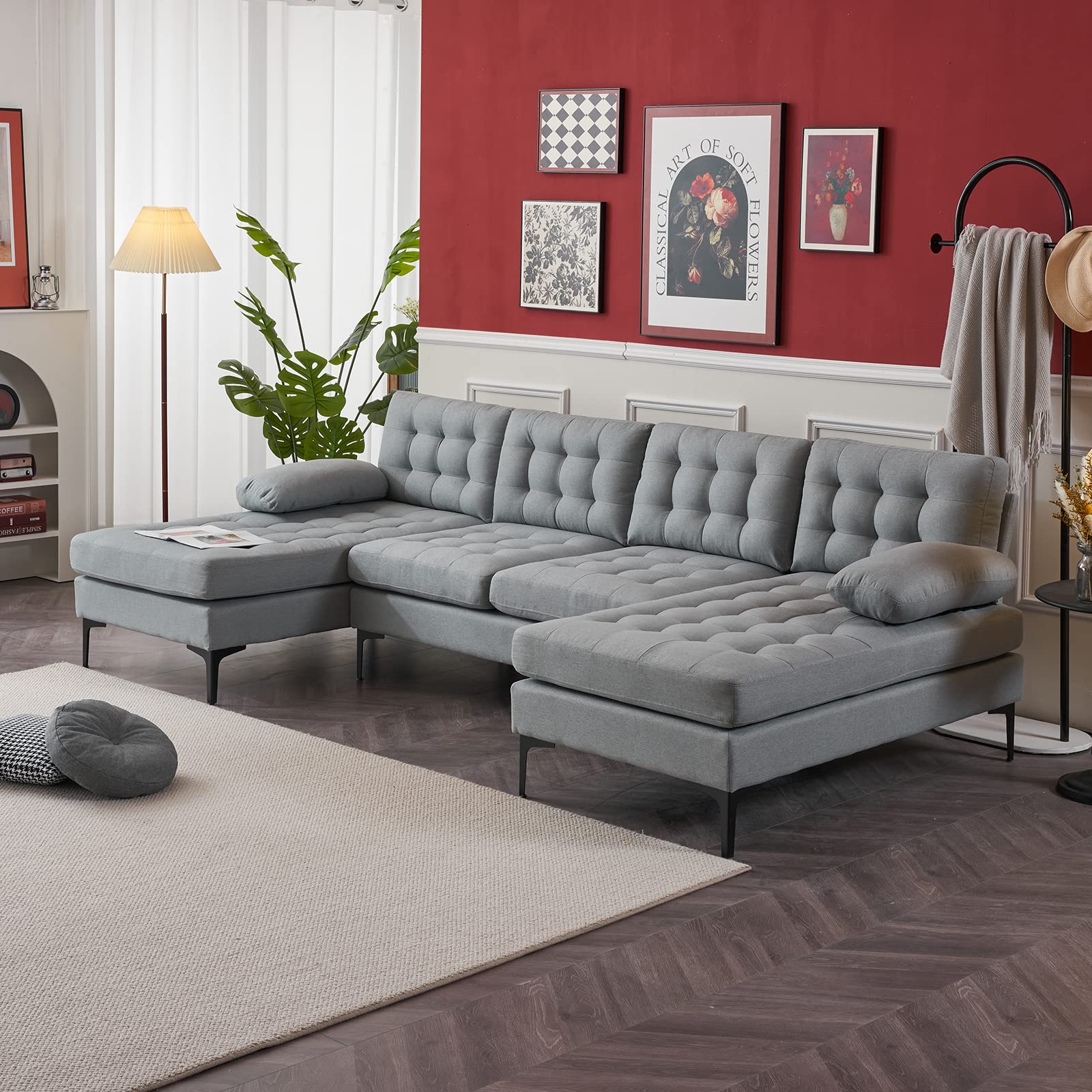 Pvillez Modern U-Shape Sectional Sofa with Double Chaise Lounge - Oversized Convertible Couch with Rolled Arms & Golden Legs for Living Room, Office | Perfect for Family Gatherings, Movie Nights & Home Entertainment