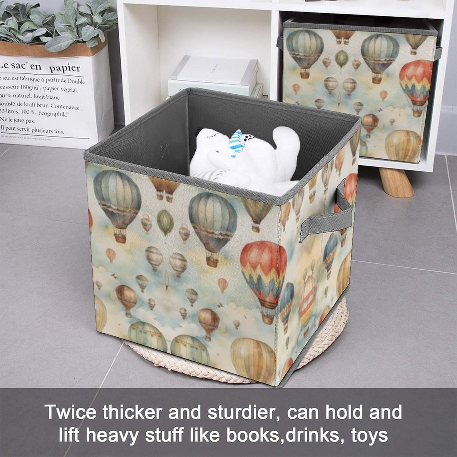 Foldable Watercolor Hot Air Balloon Storage Cubes with Handles - Closet Organizer Bins for Clothes, Shelves & Cabinets | Perfect for Bedroom, Nursery & Travel Organization