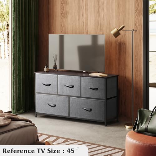 5-Drawer Fabric Dresser for Bedroom - Wide Storage Organizer with Fabric Bins, Dark Grey Chest of Drawers for Closet, Living Room & Hallway - Perfect for Small Space Organization & Home Decor