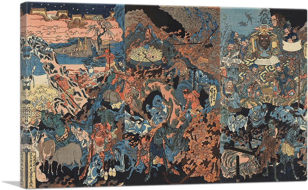Utagawa Kuniyoshi Ghosts, Devils & King of Hell Framed Canvas Art Print - 26x18 Inch Japanese Ukiyo-e Wall Decor for Home, Office & Gothic Interior Design