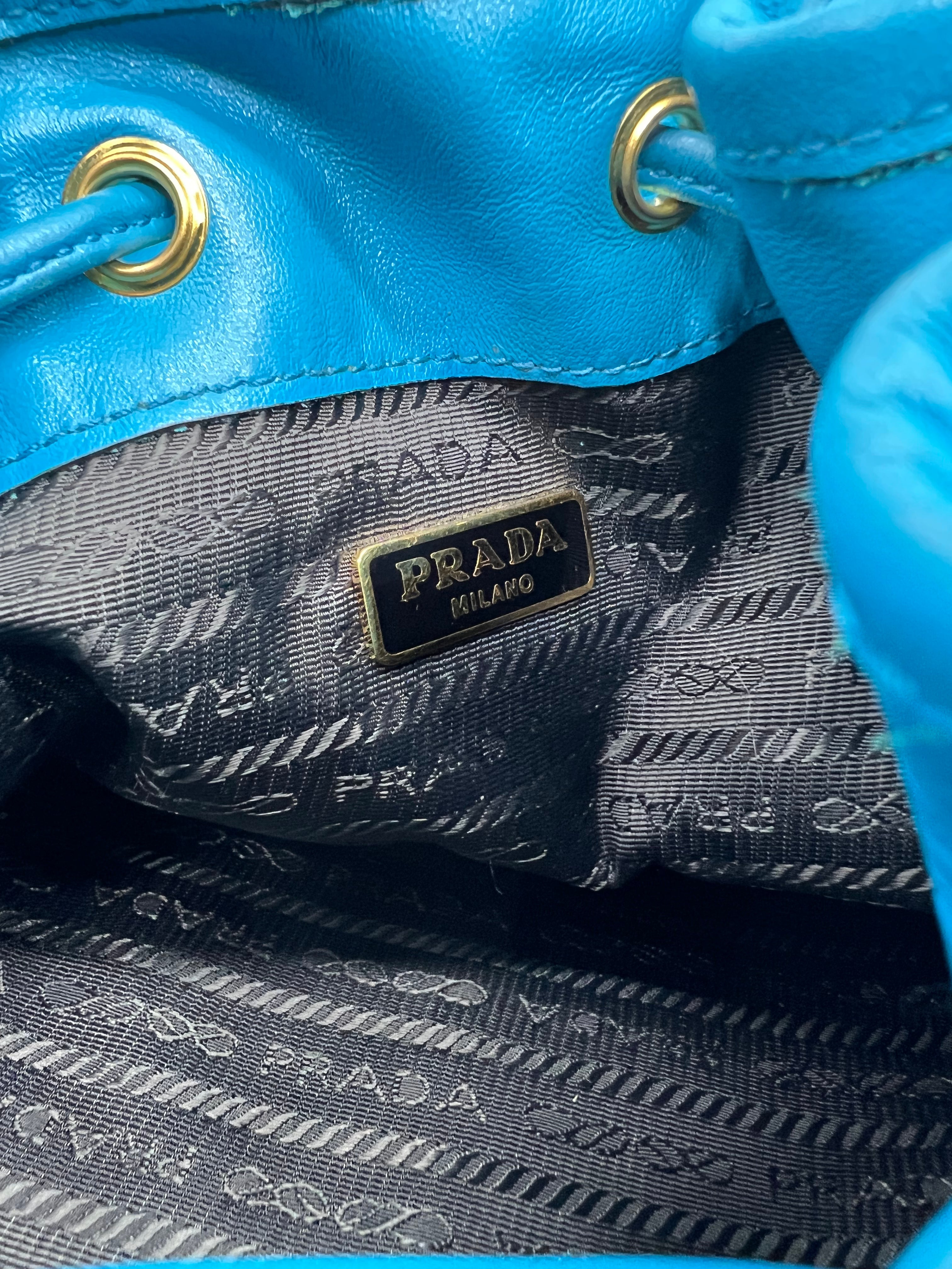Prada Blue Leather Small Drawstring Bucket Handbag for Women | Luxury Designer Crossbody Purse | Perfect for Date Night, Travel & Everyday Use