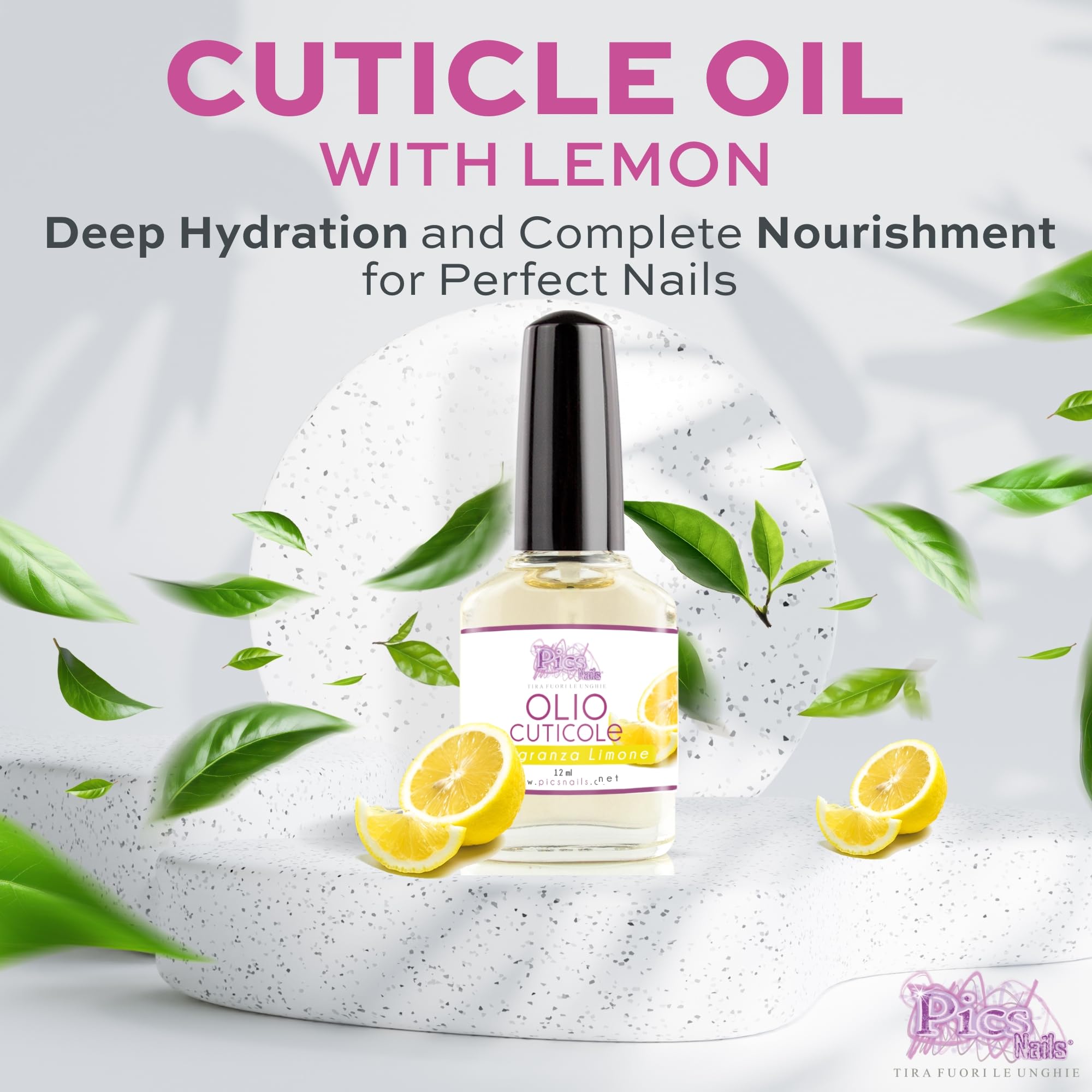 Pics Nails Professional Lemon Cuticle Oil with Brush Applicator - 12ML Nail & Cuticle Treatment with Sunflower Seed Oil - Cuticle Softener & Repair for Healthy Nails - Perfect for Home Manicures & Salon Nail Care