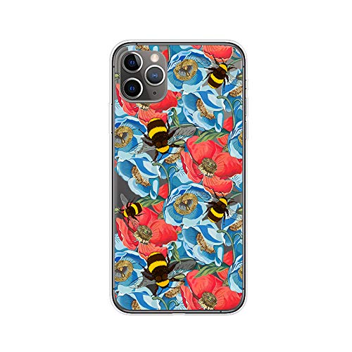 Cute Floral Bee Pattern iPhone 12 Pro Case (6.1 inch) - Transparent Soft TPU Protective Cover for Women & Girls | Bumblebee Flower Design | Perfect for Daily Use, School & Office