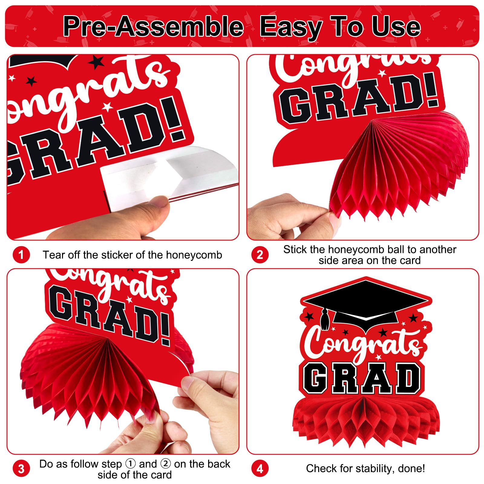 8-Piece Class of 2025 Graduation Table Decor Set - Red & Black Honeycomb Centerpieces for 2025 Grad Party | Congrats Grad Table Toppers | Perfect for Graduation Ceremony Decorations & Party Favors