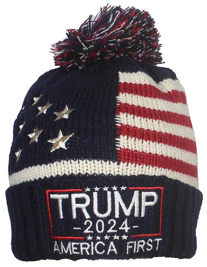 Trump Campaign Slogan Beanie Hat with Embroidered US Flag - Patriotic Winter Cap for Political Rallies & Outdoor Events