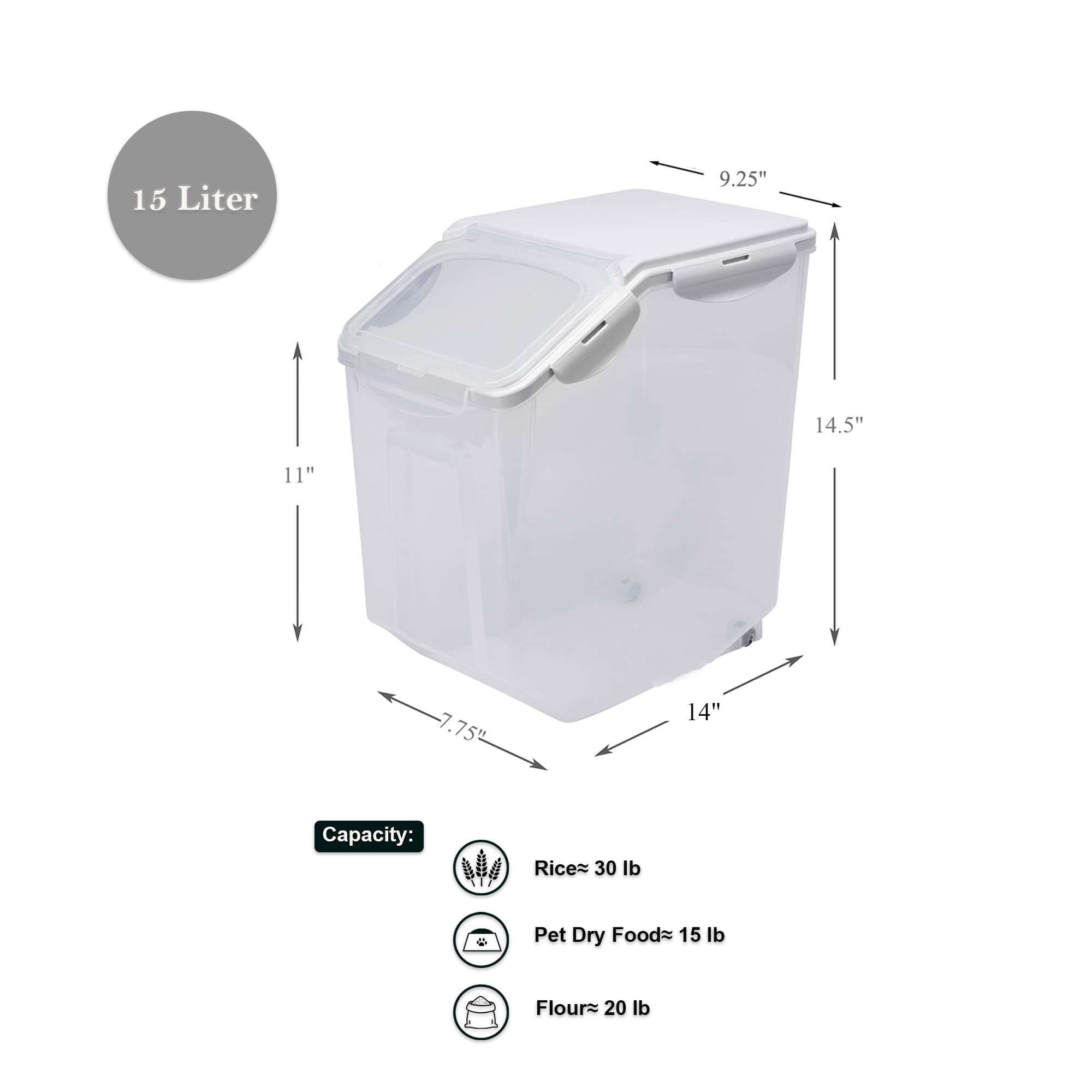 HANAMYA 15 Liter / 30 lbs Airtight Rice Storage Container with Measuring Cup - BPA Free Food Grade Plastic for Rice, Grains, Pet Food & Flour - Clear Kitchen & Pantry Organization Solution (1 Count) - Perfect for Bulk Food Storage, Meal Prep & Long-Term Preservation