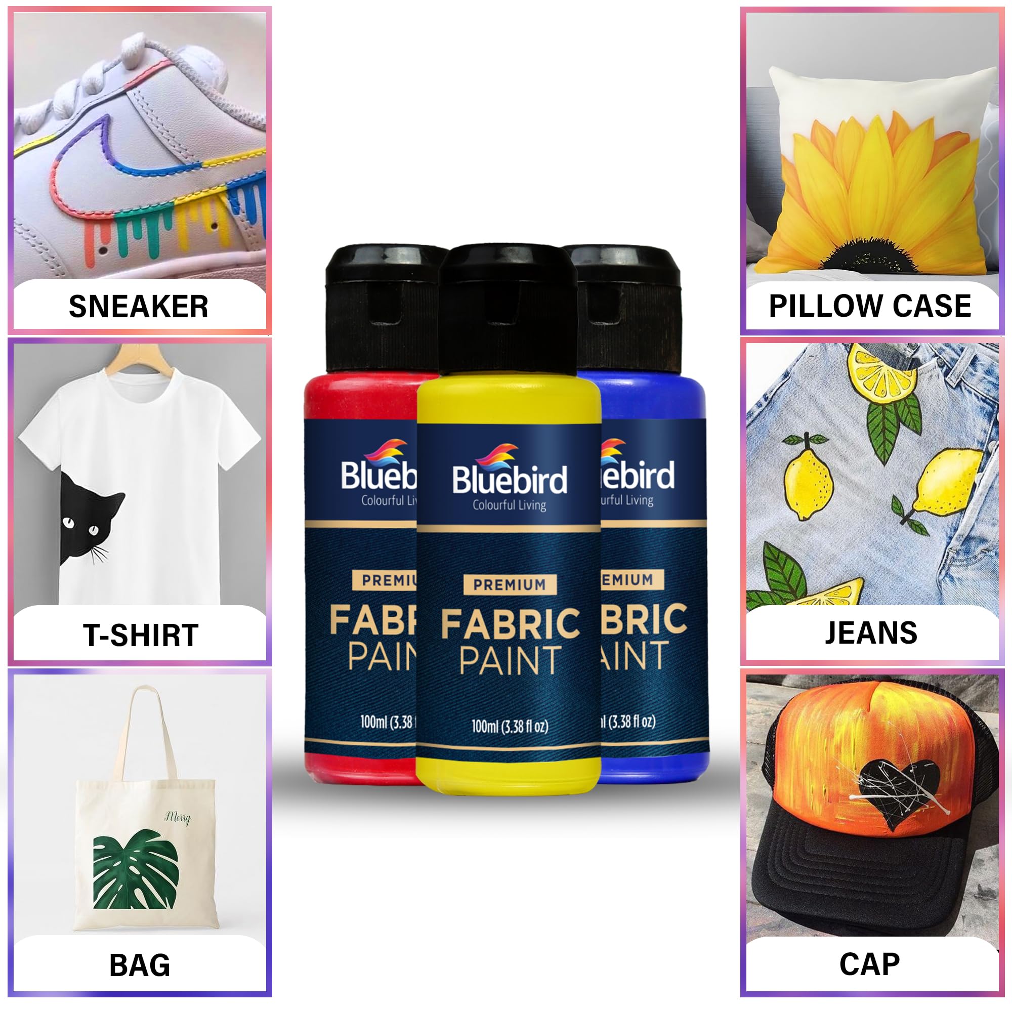 BLUEBIRD Permanent Fabric Paint - White 3.4 Fl Oz for Clothes & Upholstery - DIY Fabric Painting for T-Shirts, Jeans, Sofas & Home Decor Projects