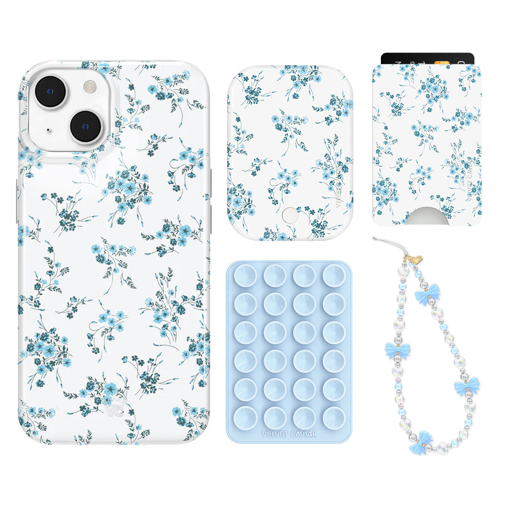 French Blue Floral iPhone Case with Wallet - Slim Protective Phone Cover & Card Holder for iPhone 13/14/15 Pro Max - Perfect for Travel, Shopping, and Everyday Use
