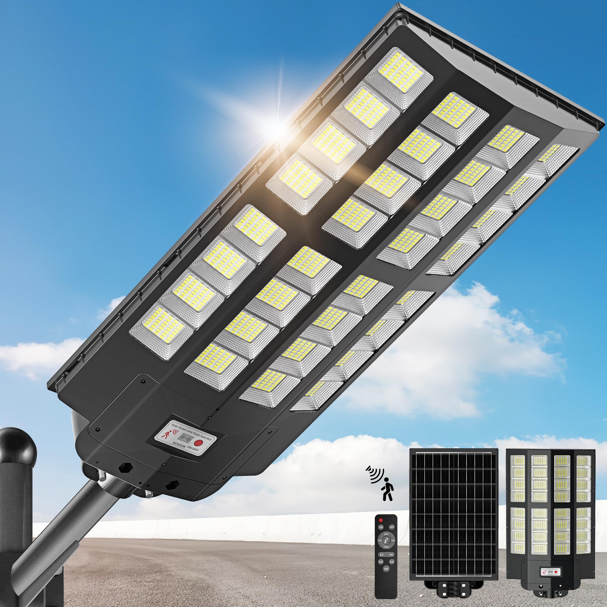 7000W Solar Street Lights Outdoor with Motion Sensor - 7000K LED Solar Powered Parking Lot Lights, Dusk to Dawn Commercial & Yard Lighting for Pathways, Driveways, and Security Areas