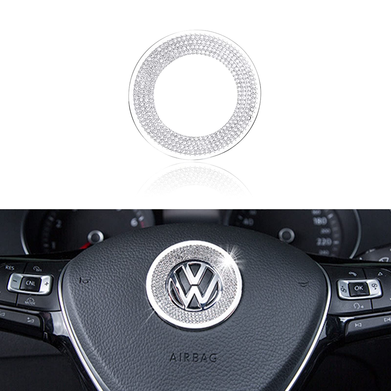 Volkswagen Steering Wheel Logo Sticker - Bling Crystal Silver Zinc Alloy Emblem Decal for VW Tiguan Jetta Passat Golf Arteon Atlas - Interior Car Accessories Upgrade for Luxury Look & Personalization