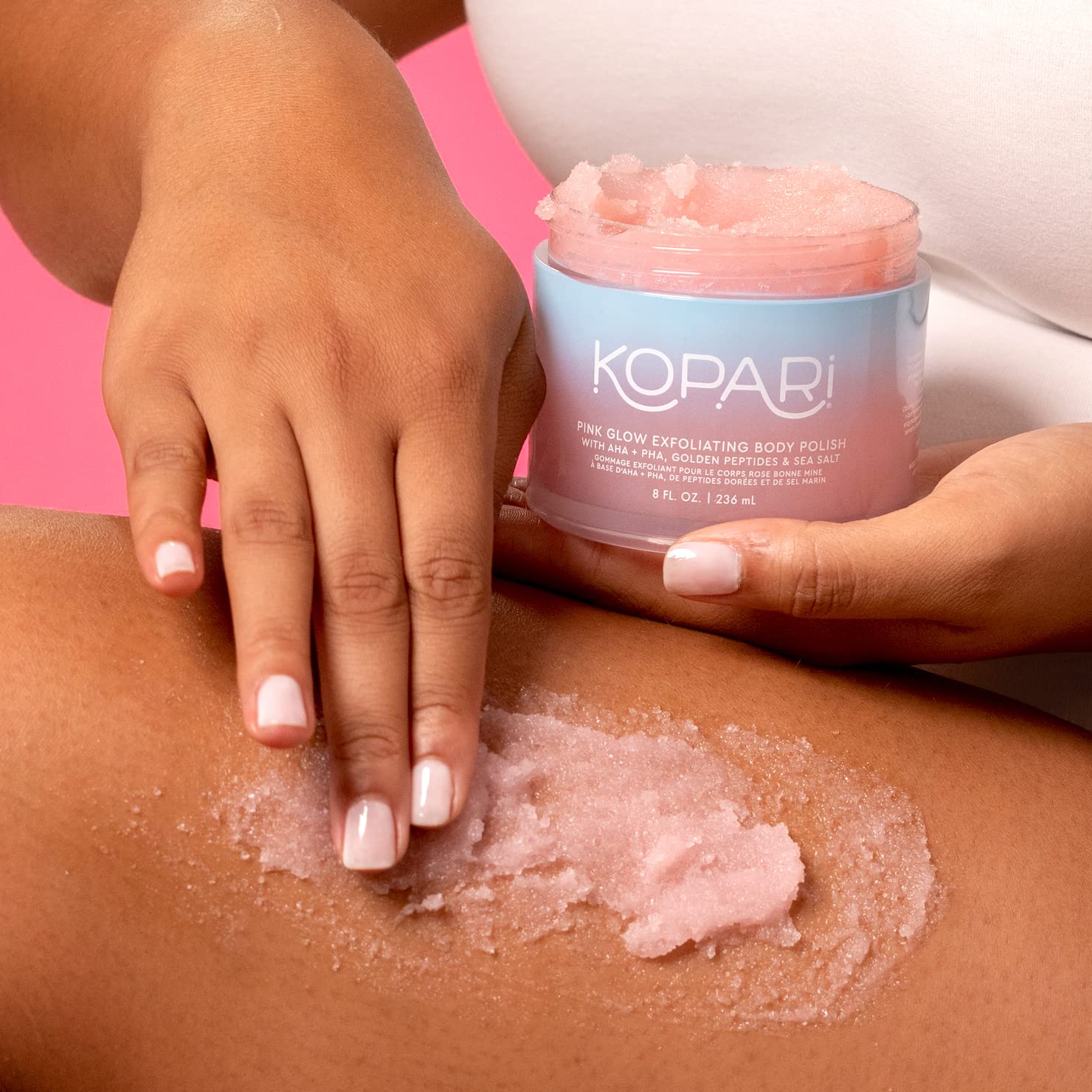 Kopari Exfoliating Body Scrub - Natural Vegan Body Polish with AHA for Smooth Skin, Pink Haze Scent, 8oz - Perfect for Dry Skin & Pre-Shave Exfoliation