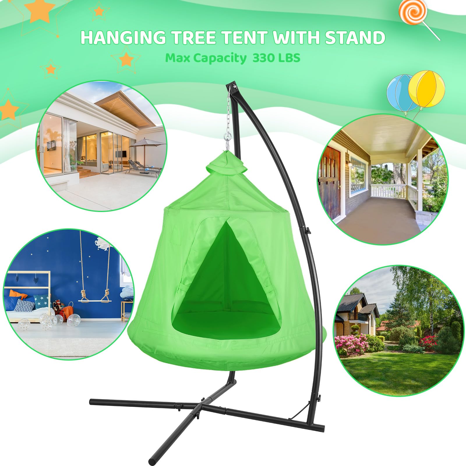 **Arlopu Hanging Hammock X-Stand with Tree Tent - Indoor & Outdoor Metal Swing Chair Stand for Play Tent, Egg Basket Patio Seat, Porch, Bedroom, Balcony - Adjustable Solid Support Stand (Green) - Perfect for Relaxing, Camping, and Backyard Lounging**