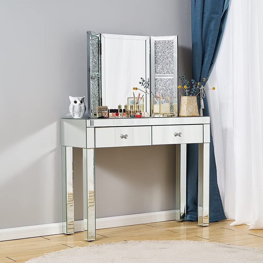 Silver Mirrored Console Table with 2 Drawers - 39
