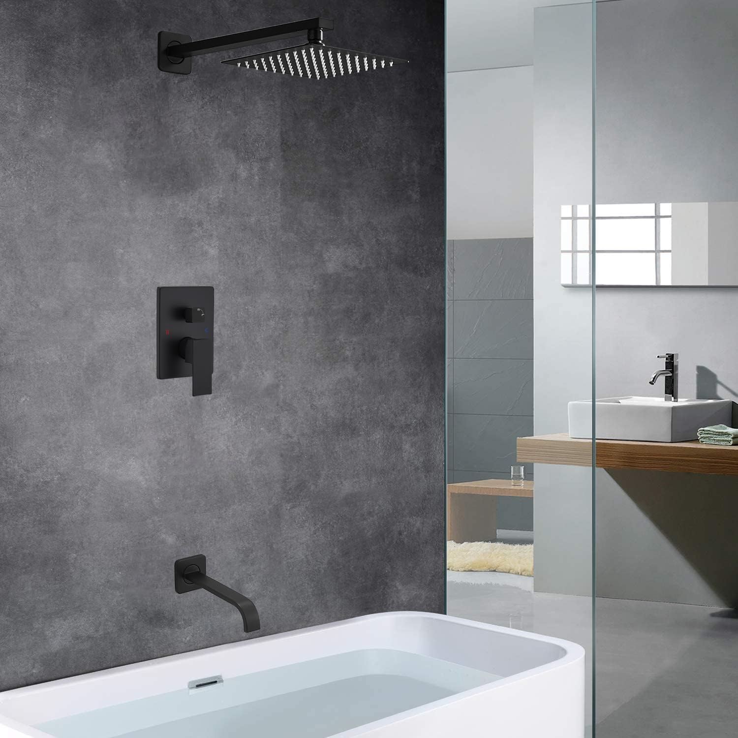 Premium Matte Black Shower Faucet Set - Luxury Rain Shower Head System with Wall Mounted Tub Spout & Single Handle Trim Kit (Includes Rough-in Valve) for Modern Bathroom Renovation | Perfect for Spa-Like Experience & Water Conservation