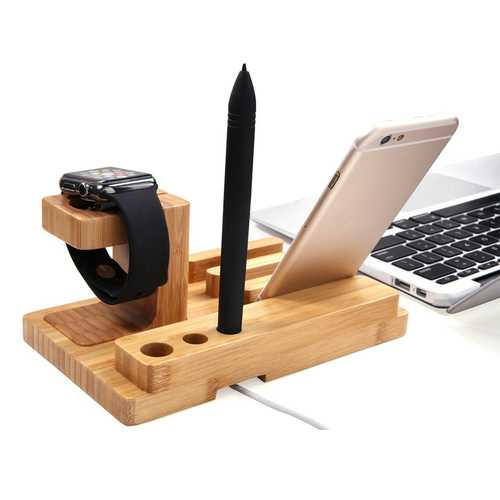 Bamboo Wooden Charging Stand for Apple Watch & iPhone 6S Plus - Multi-Device Desktop Organizer with Pen Holder | Perfect for Office, Home Desk & Nightstand Charging Station