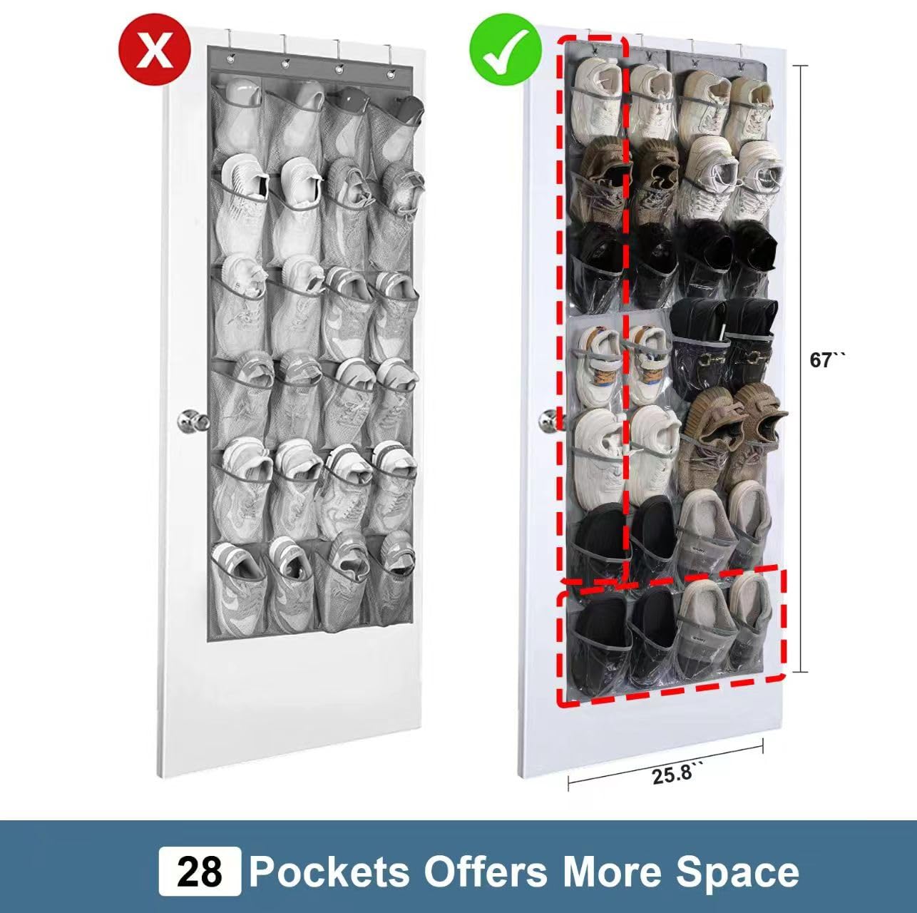 28-Pocket Over The Door Shoe Organizer - Hanging Mesh Shoe Rack with Clear Crystal Gray Design (65