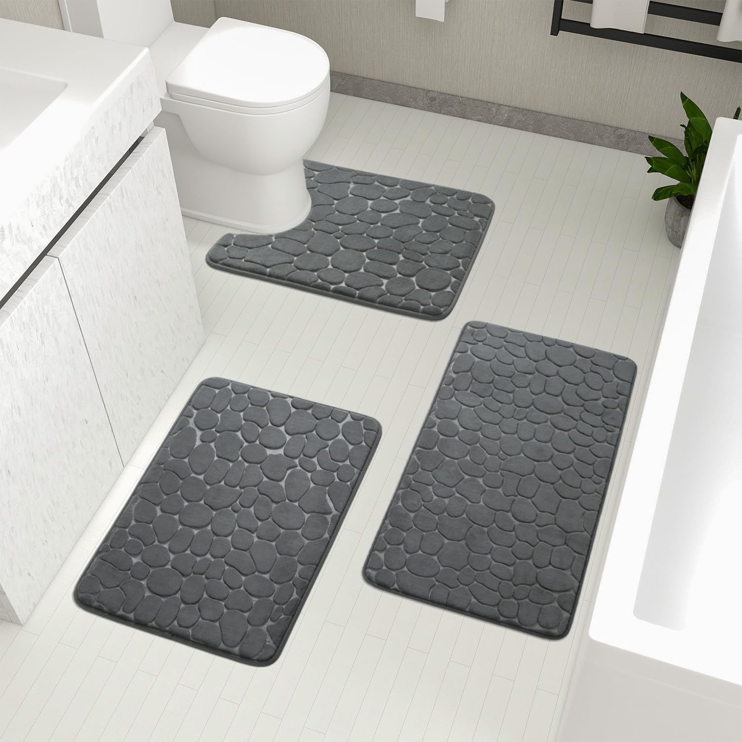 YIHOUSE 3-Piece Memory Foam Bathroom Rugs Set - Non-Slip, Washable for Tub & Floor