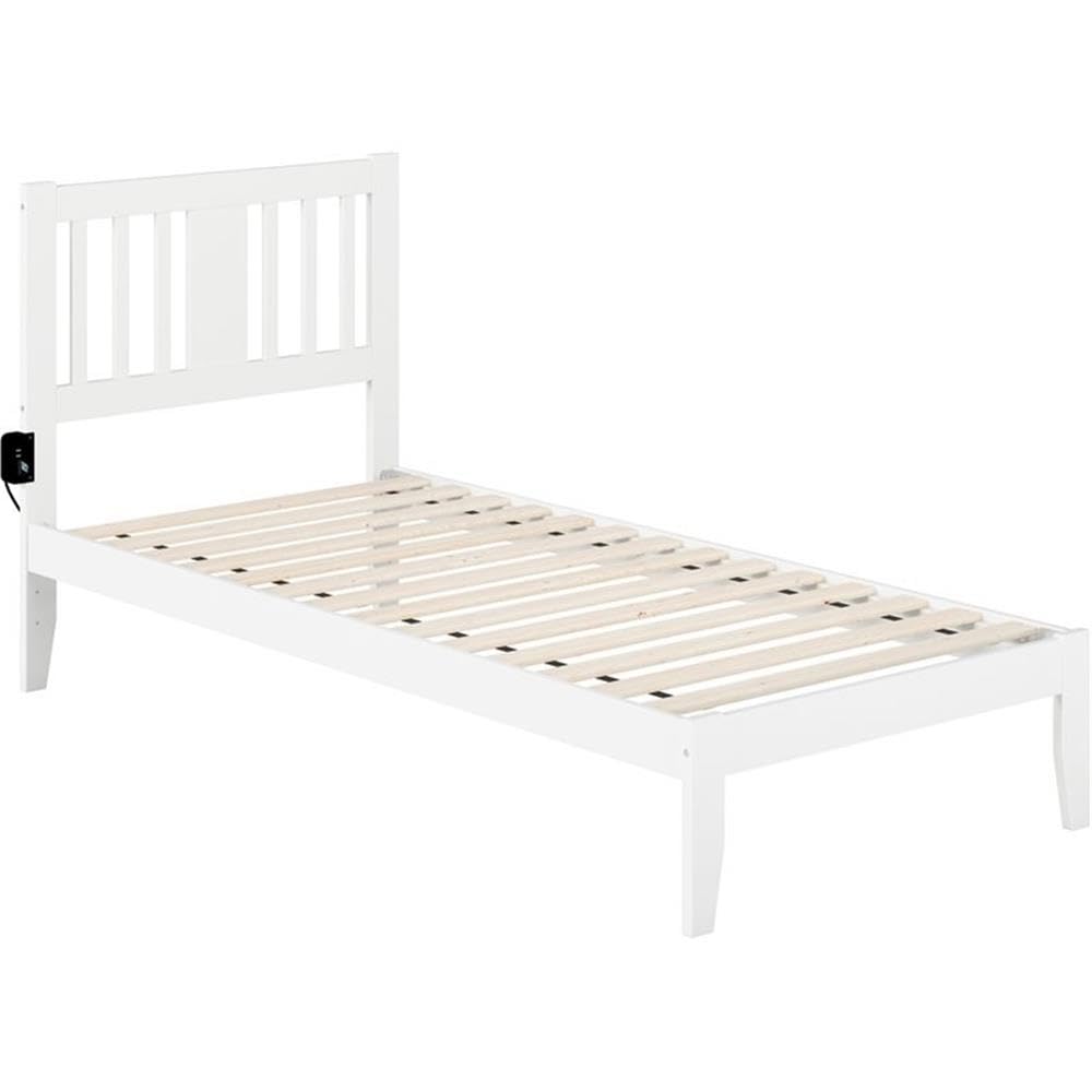 BOWERY HILL White Twin XL Spindle Bed Frame with Built-in USB Turbo Charger - Perfect for Dorm Rooms, Small Bedrooms & Guest Rooms