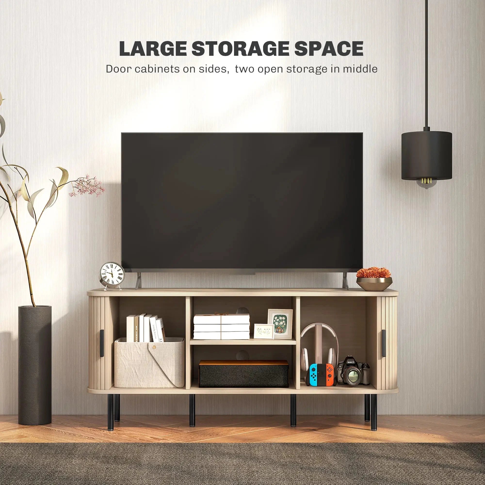 55 Inch TV Stand with Storage Shelves & Cabinets - Solid Wood Oak Finish for Living Room, Bedroom, Home Theater Setup